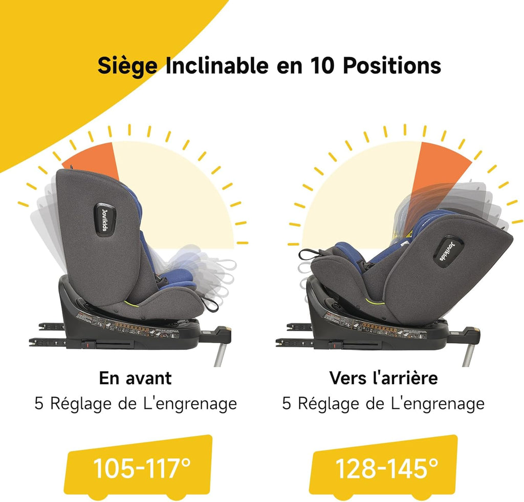 Jovikids siège auto 360° i-Size avec ISOFIX, 40-150 cm - rotation à 360°, convient de la naissance à 12 ans, 12 réglages de l'appui-tête, tissu lavable - la sécurité avant tout (bleu)