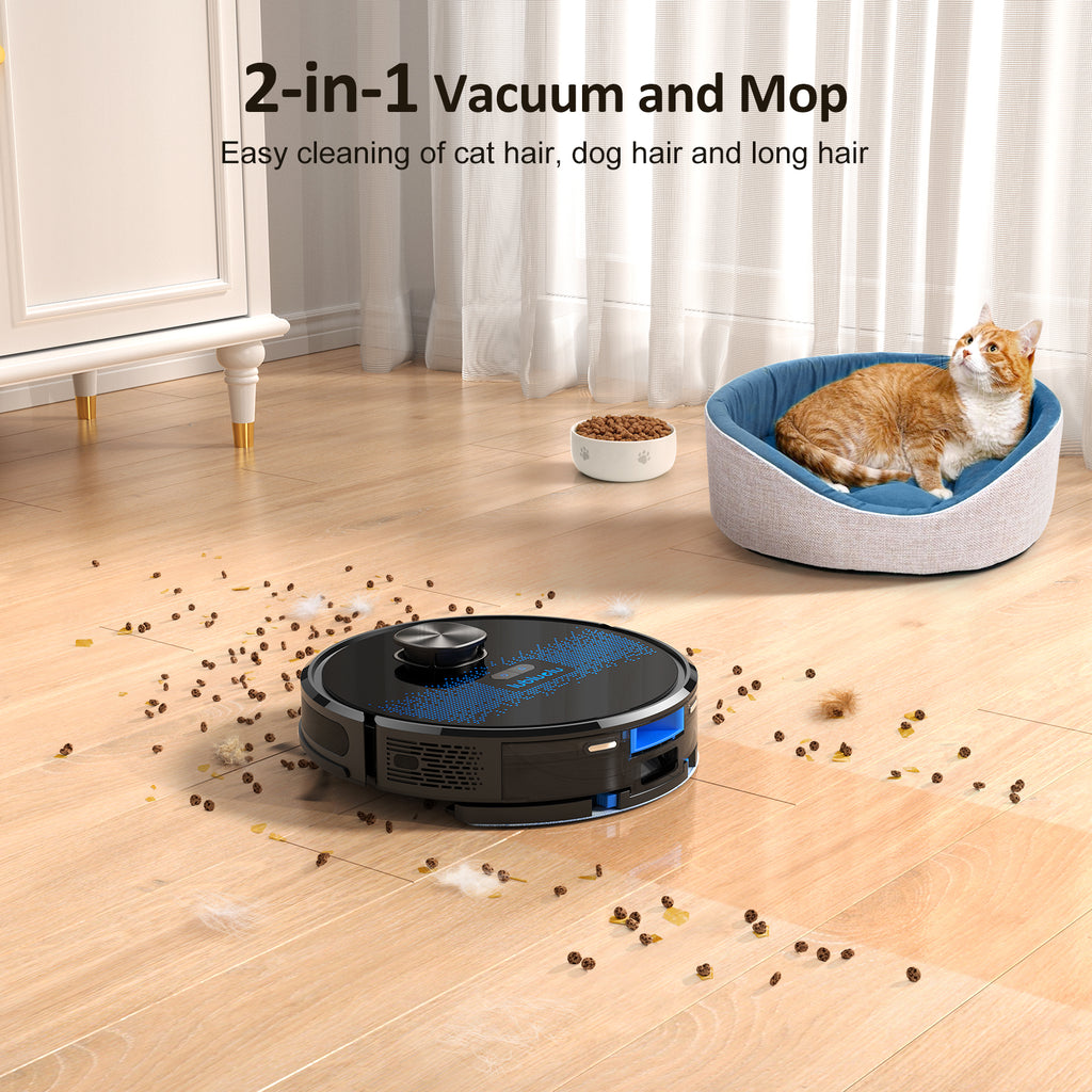 Lubluelu SL60D Aspirateur Robot Laveur, 2 en 1, Aspiration 4000 Pa, Navigation Laser avec 5 Cartes, Faible Bruit 55 dB, Contrôlé par Application, Pour Poils d'Animaux, Tapis, Sols Durs