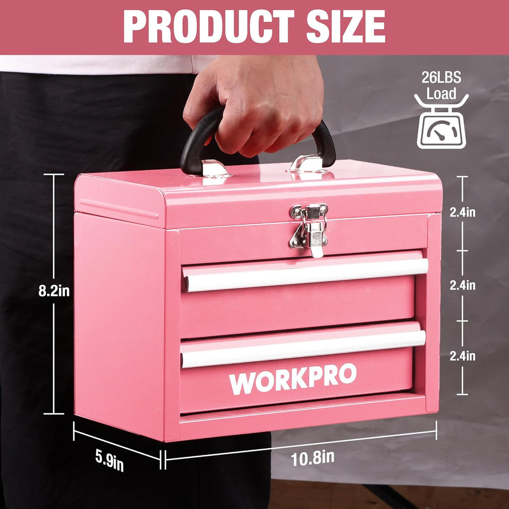 WORKPRO Mini mallette de transport en métal avec 2 tiroirs (guidage à roulements amélioré, avec serrure et poignée) - rose