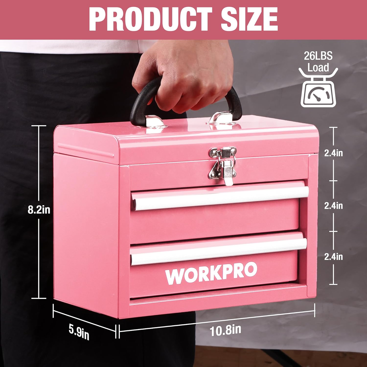 WORKPRO Mini mallette de transport en métal avec 2 tiroirs (guidage à roulements amélioré, avec serrure et poignée) - rose