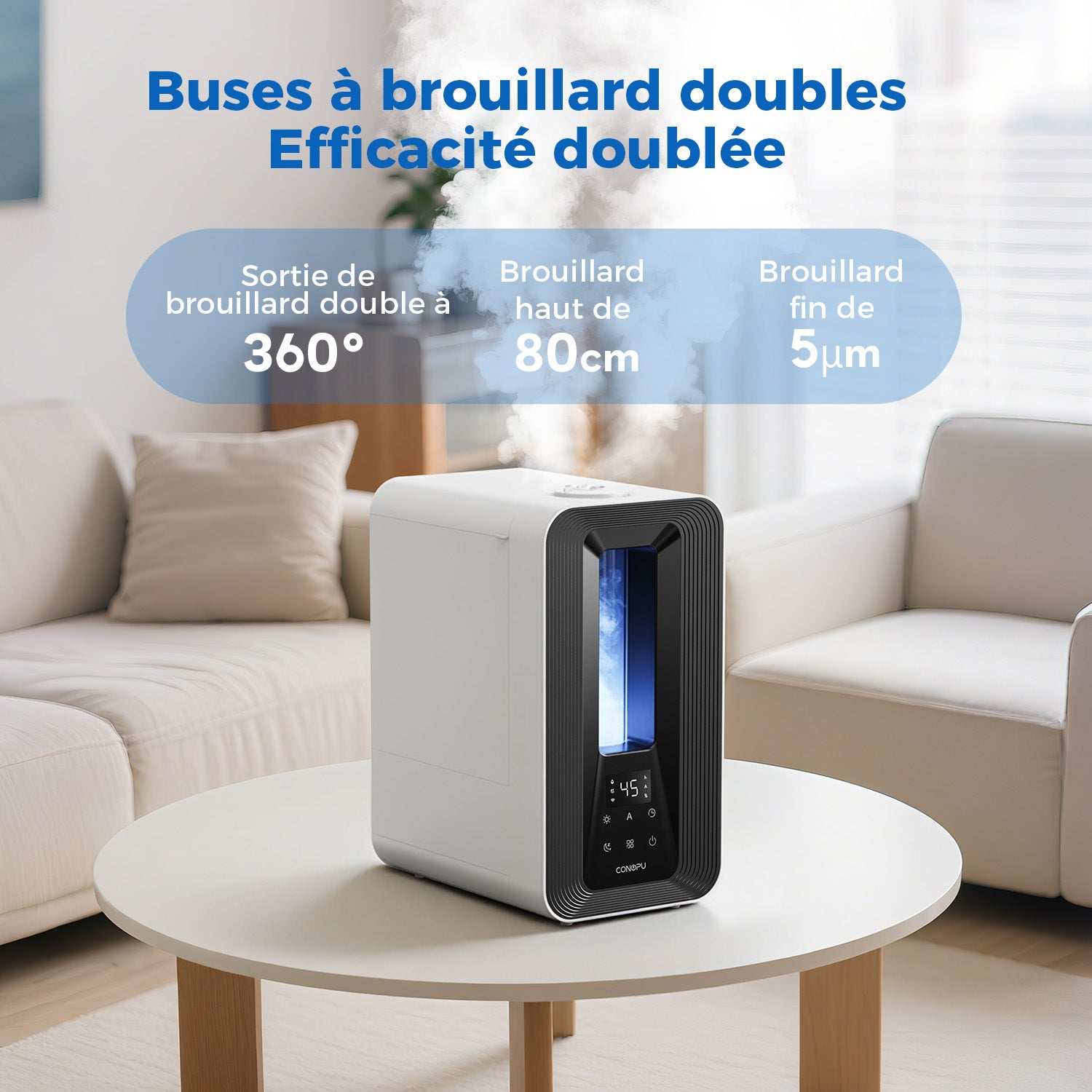 CONOPU Humidificateur à ultrasons 5 L pour chambre, Contrôle automatique intelligent de l'humidité, 2 buses à 360°, Mode sommeil silencieux, Diffuseur d'arômes, Éclairage LED, Minuterie 24 h