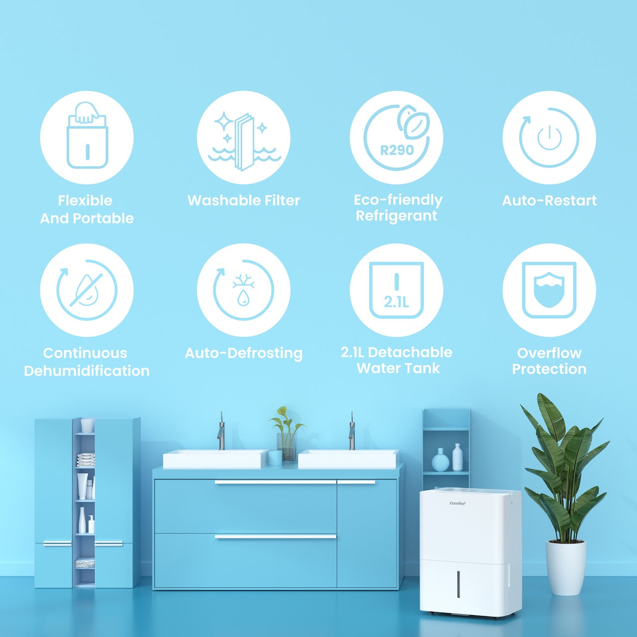 Comfee' Déshumidificateur MDDN-10DEN7 - 10 L/24 h - 40 m³ - Écran LED - Déshumidification automatique - R290