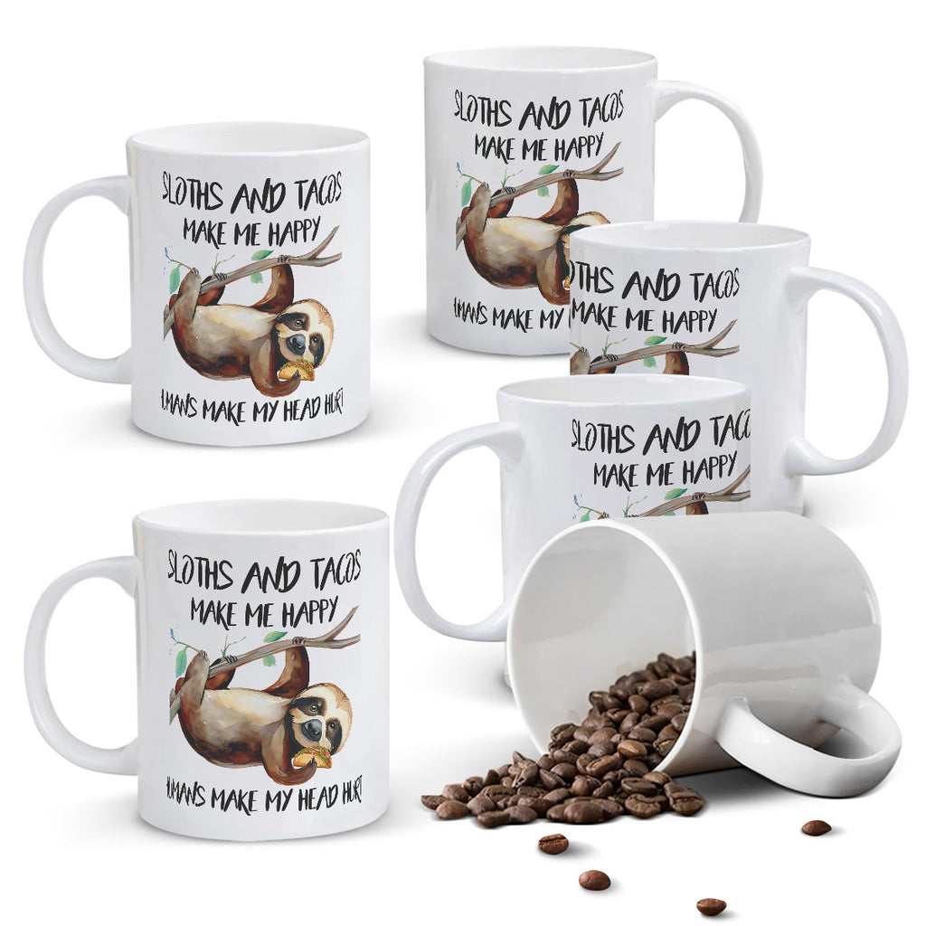 Alphynix Mug blanc 1 pièce 11 oz avec citation contrastée « Les paresseux et les tacos me rendent heureux » et illustration de paresseux suspendu avec taco
