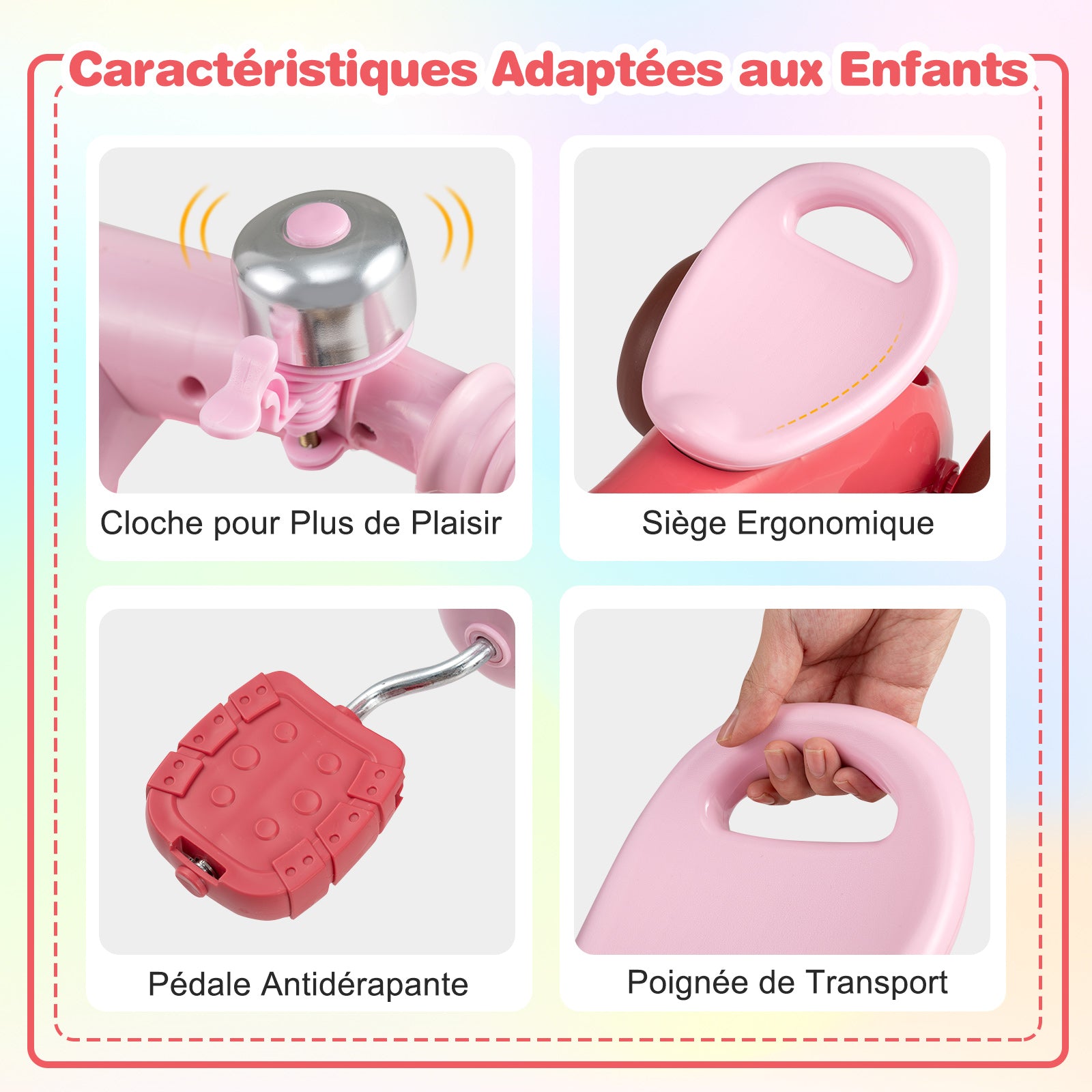 Costway Tricycle pour enfants, Limiteur de direction, Panier avant et sonnette, Rose