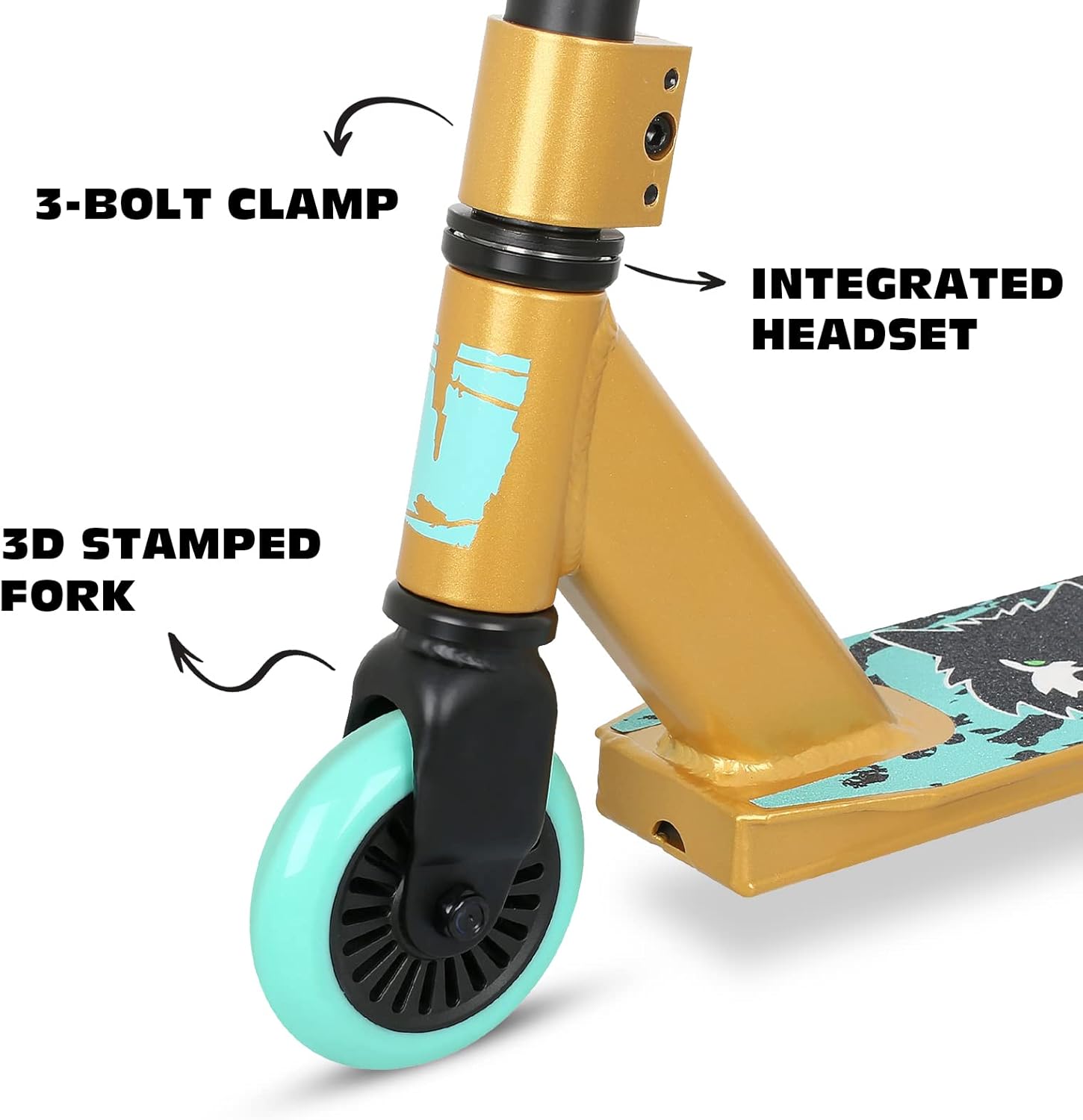Trotinette VOKUL Pro Trick, trotinette de cascade d'entrée de gamme pour enfants à partir de 6 ans, trotinette de BMX freestyle complète en aluminium et légère pour débutants (Or)