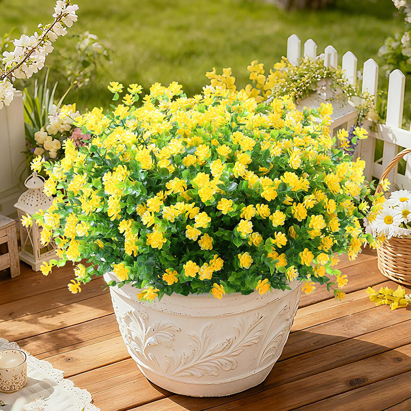 8 Pièces 13,8 in / 35 cm Fleurs Artificielles Ne Fanent Pas Buis Faux Plantes en Plastique pour Jardin Terrasse Porche Fenêtre Boîte de Fenêtre Maison Mariage Décoration Maison de Campagne (Jaune)