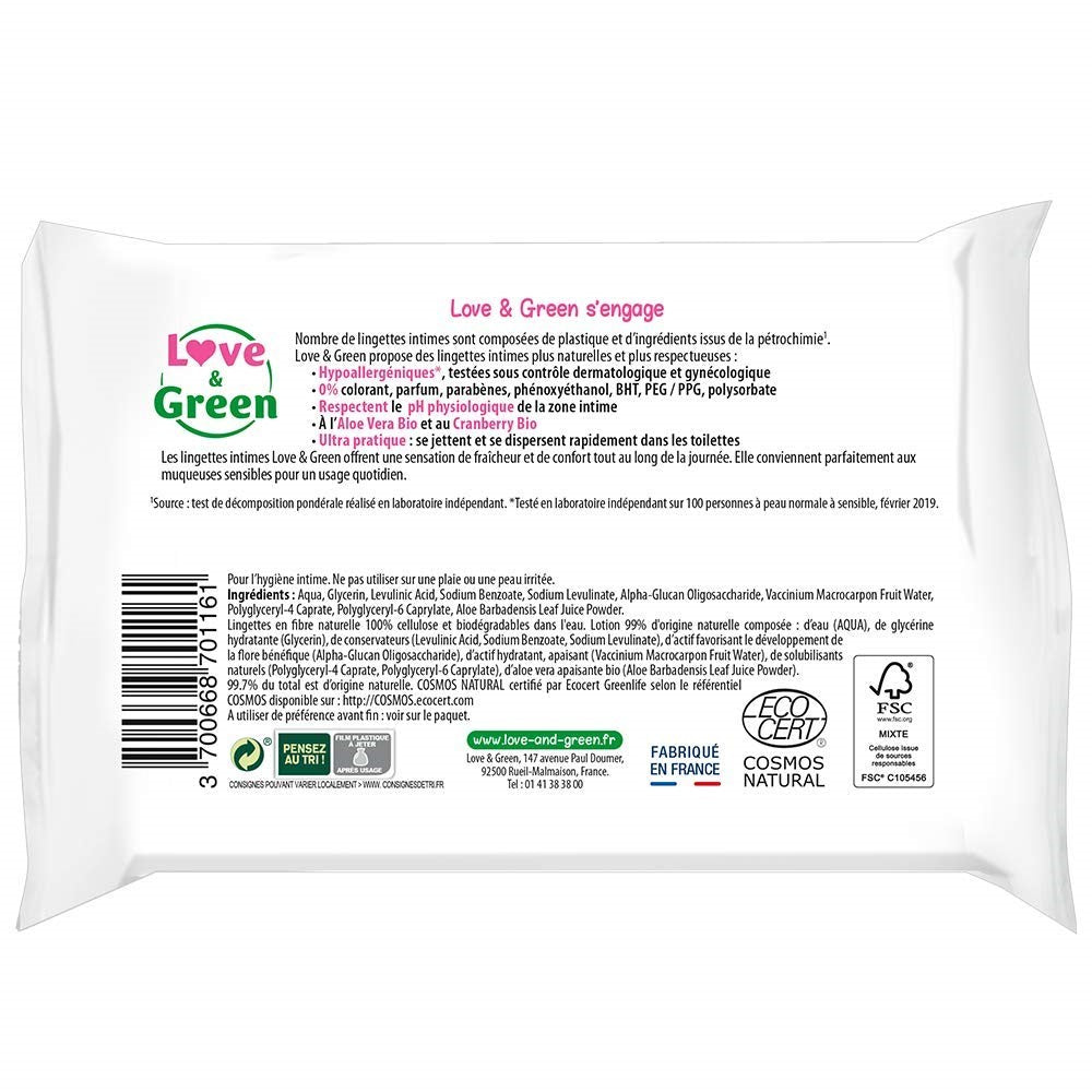 LOVE&GREEN Lingettes intimes APAISANTES sans parfum x 20