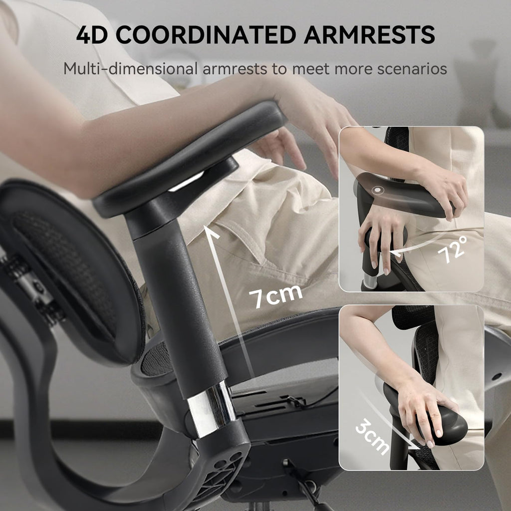 SIHOO Doro S100 Chaise de bureau ergonomique avec support lombaire dynamique double, dossier réglable 5 niveaux, accoudoirs 4D et inclinaison max. 135°, Noir