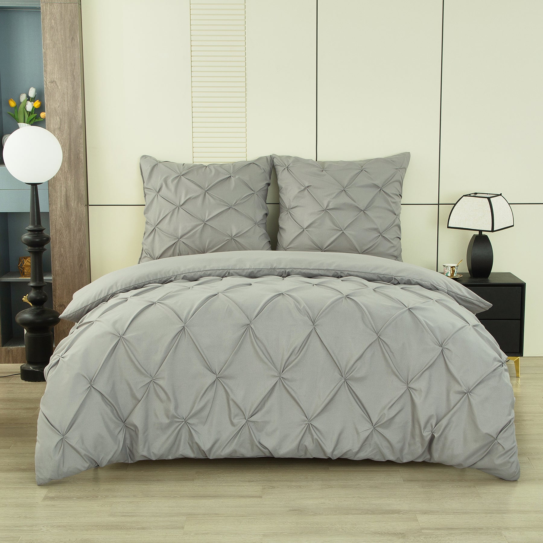 Ensemble housse de couette et taies d'oreiller, gris, effet plissé et brossé, 200 x 200 cm + 80 x 80 cm x 2