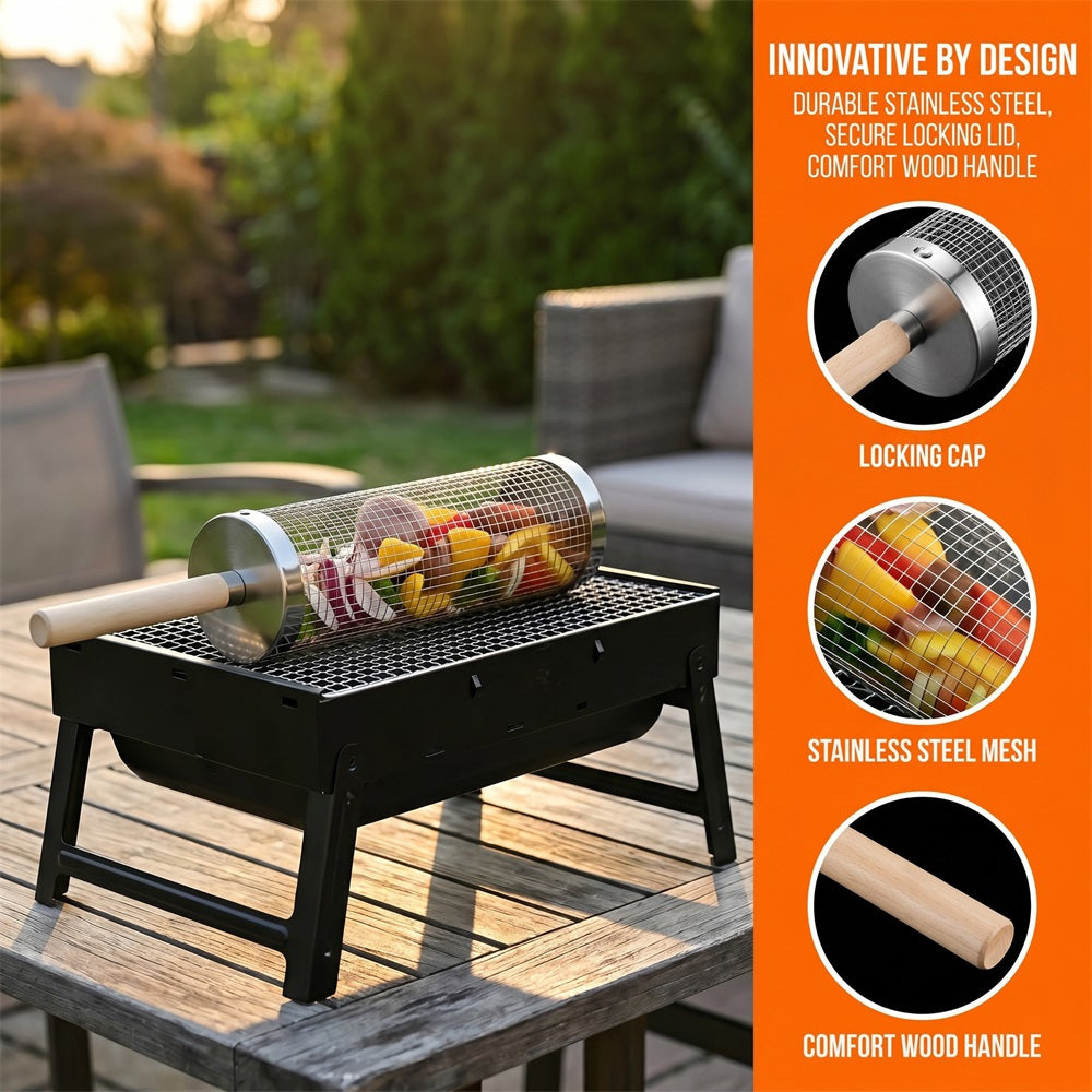 Huacan Panier de Barbecue Cylindrique Rotatif et Roulant en Acier Inoxydable, pour Fumage Extérieur, Portable, Grand