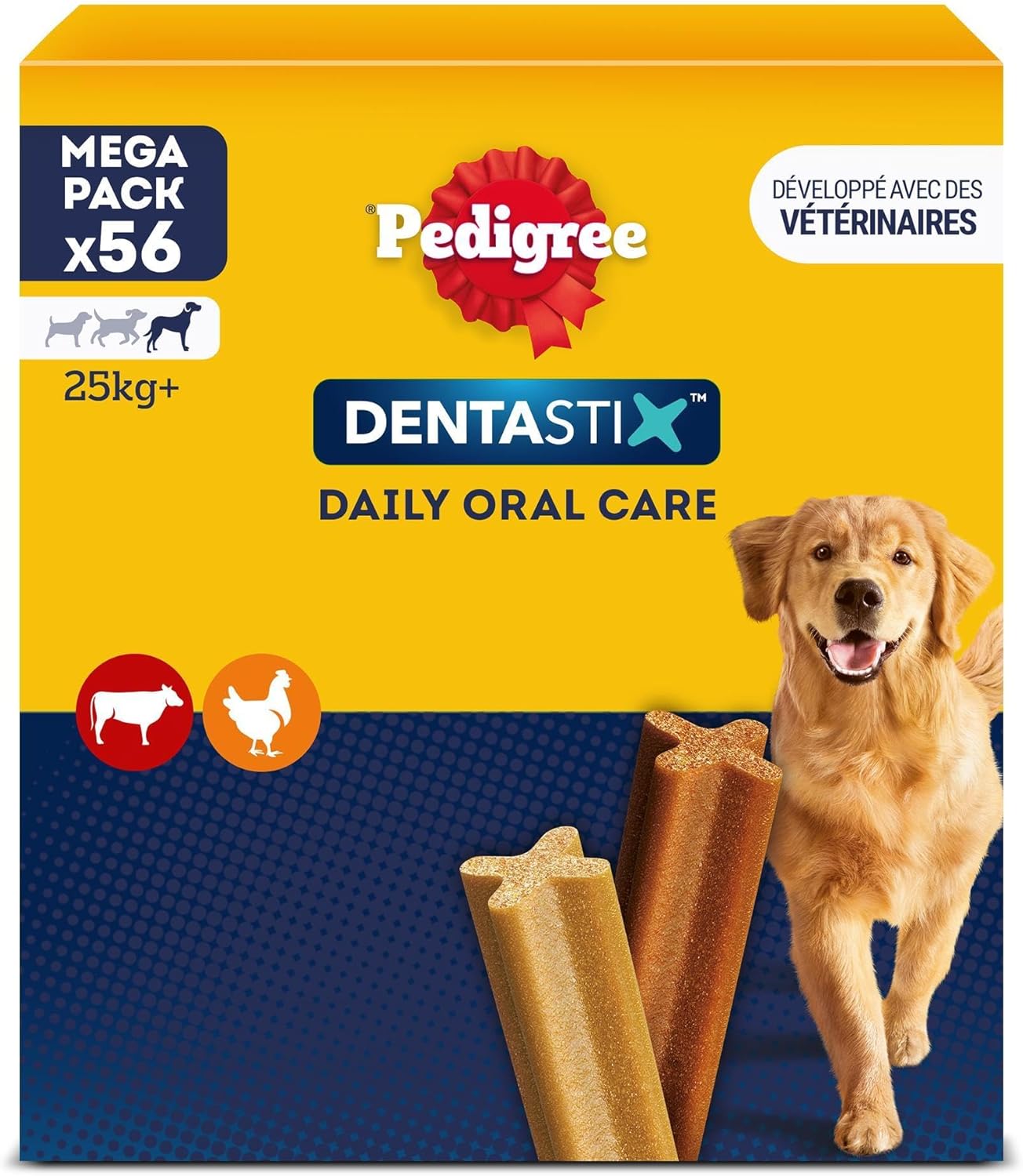 Pedigree DENTASTIX 56 Bâtonnets à Mâcher pour Grand Chiens 25kg+, 8 Sachets de 7, Saveur Poulet et Bœuf, Détartrage Dentaire Chien, Soins Dentaires pour Chien