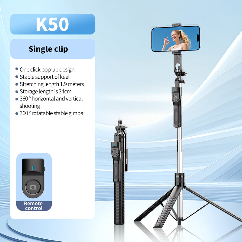 Perche à Selfie Bluetooth Verbex New K50 Noire avec Double Éclairage, Support Téléphone Extensible 1,9m, Trépied pour Streaming en Direct et Photographie