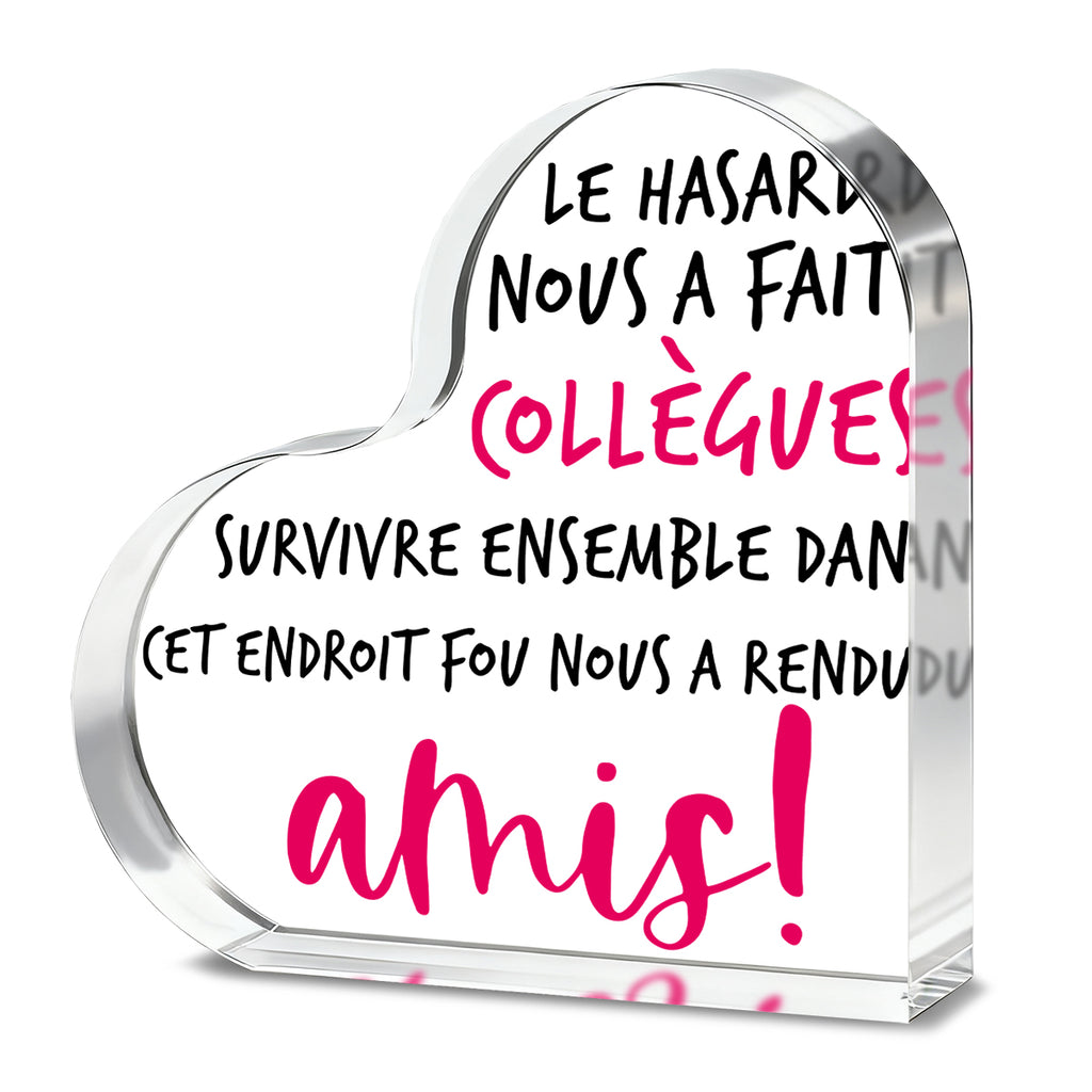 Alphynix 1 pièce Cœur collègue en français, « Le hasard nous a fait collègues ! Survivre ensemble dans cet endroit fou nous a rendus amis ! » Plaque en acrylique avec texte à accents