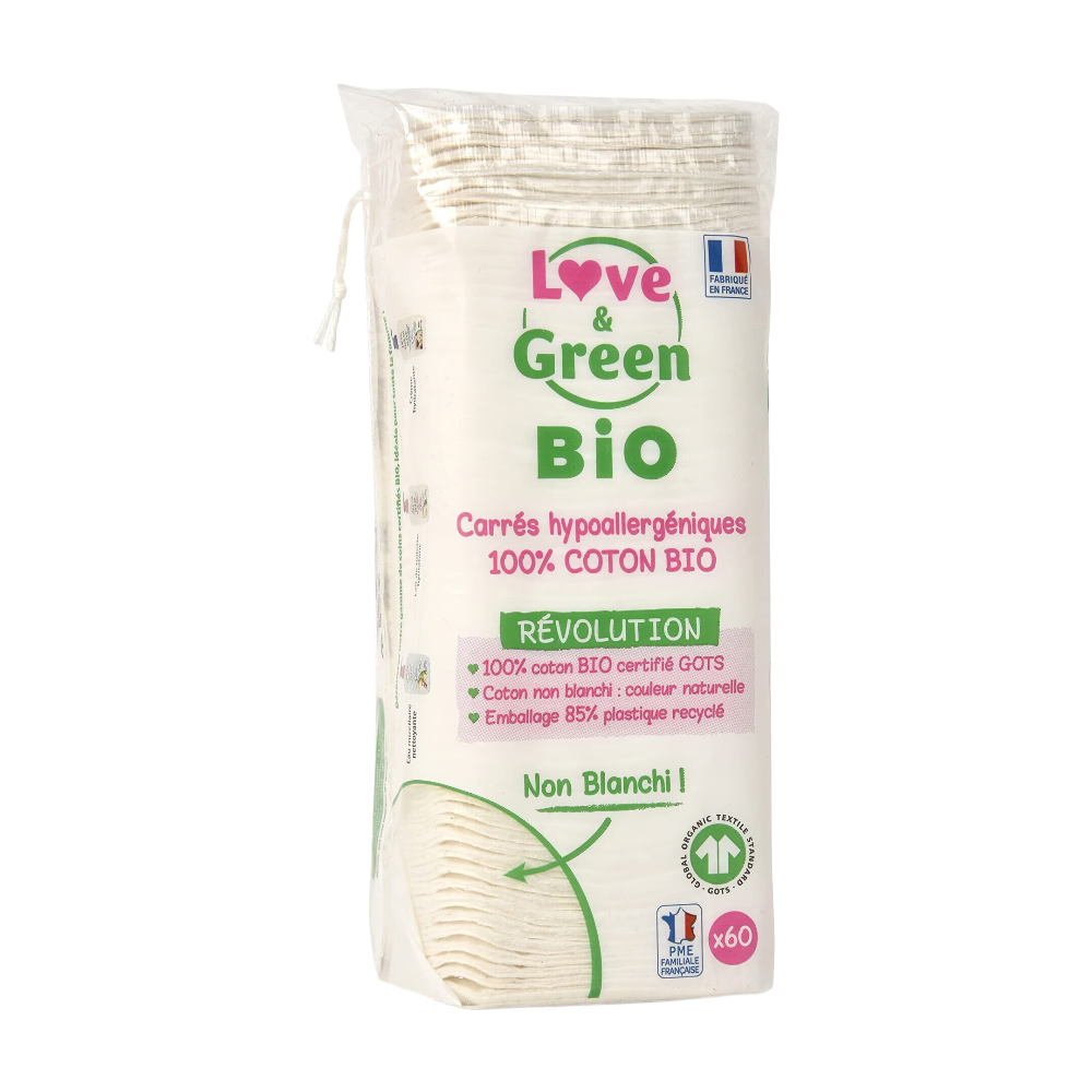 Love&Green Carrés hypoallergéniques 100% Coton Bio Non blanchis - 60 coton