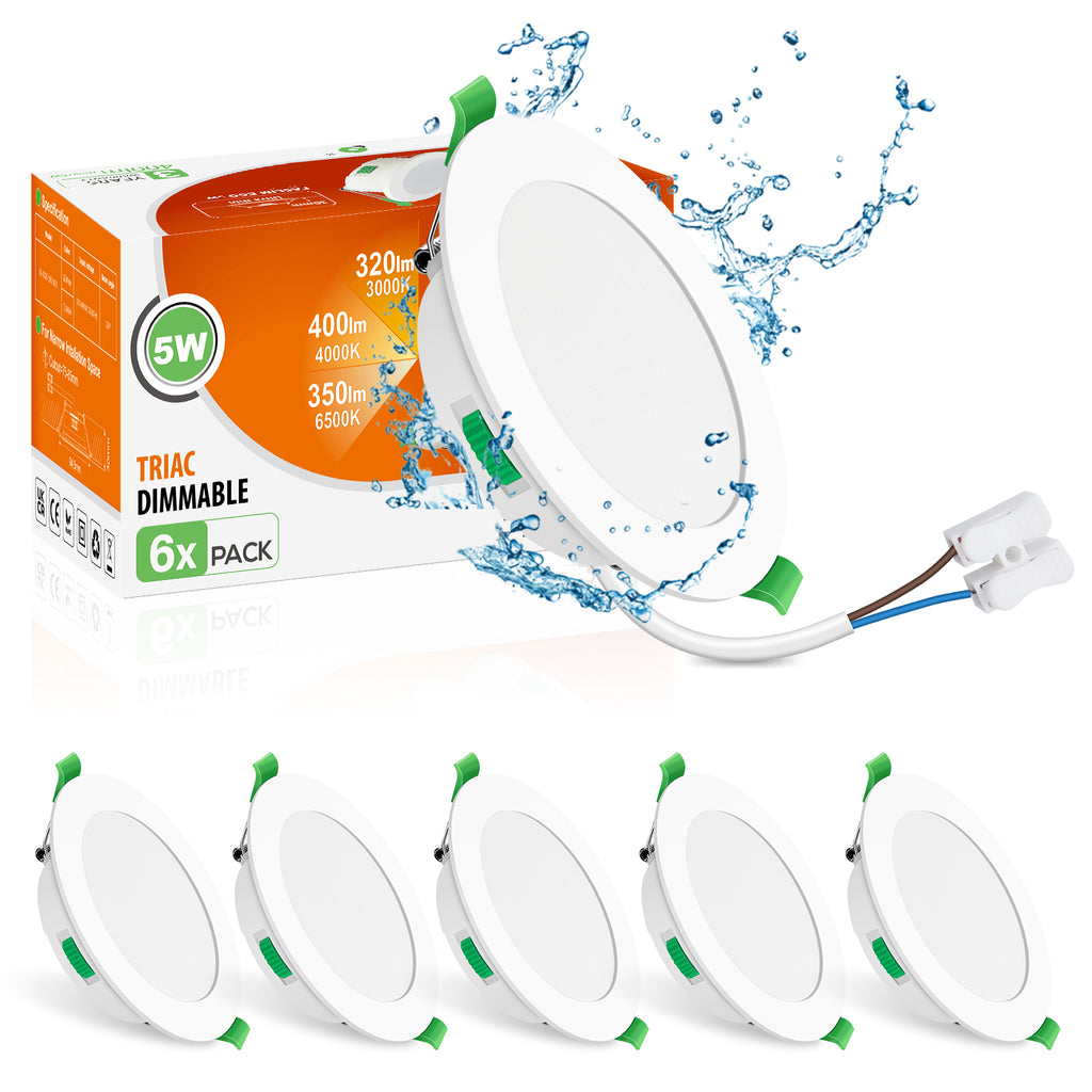 ALIPODLAX Spot LED encastrable, 5 W, IP65, 230 V, à intensité variable, 400 lm, ultra-plat 30 mm, 3000 K/4000 K/6500 K, pour salle de bain, lot de 6