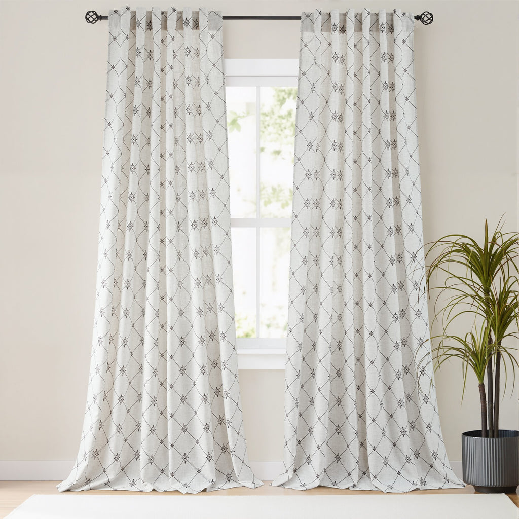 PONY DANCE Rideaux en Lin Mélange de Lin Imprimé Diamant Starburst Drap Occultant en Coton Biologique avec Œillets de Retour Filtre à Lumière pour Chambre Salon, Naturel, L 132 x H 220 cm, 2 Panneaux
