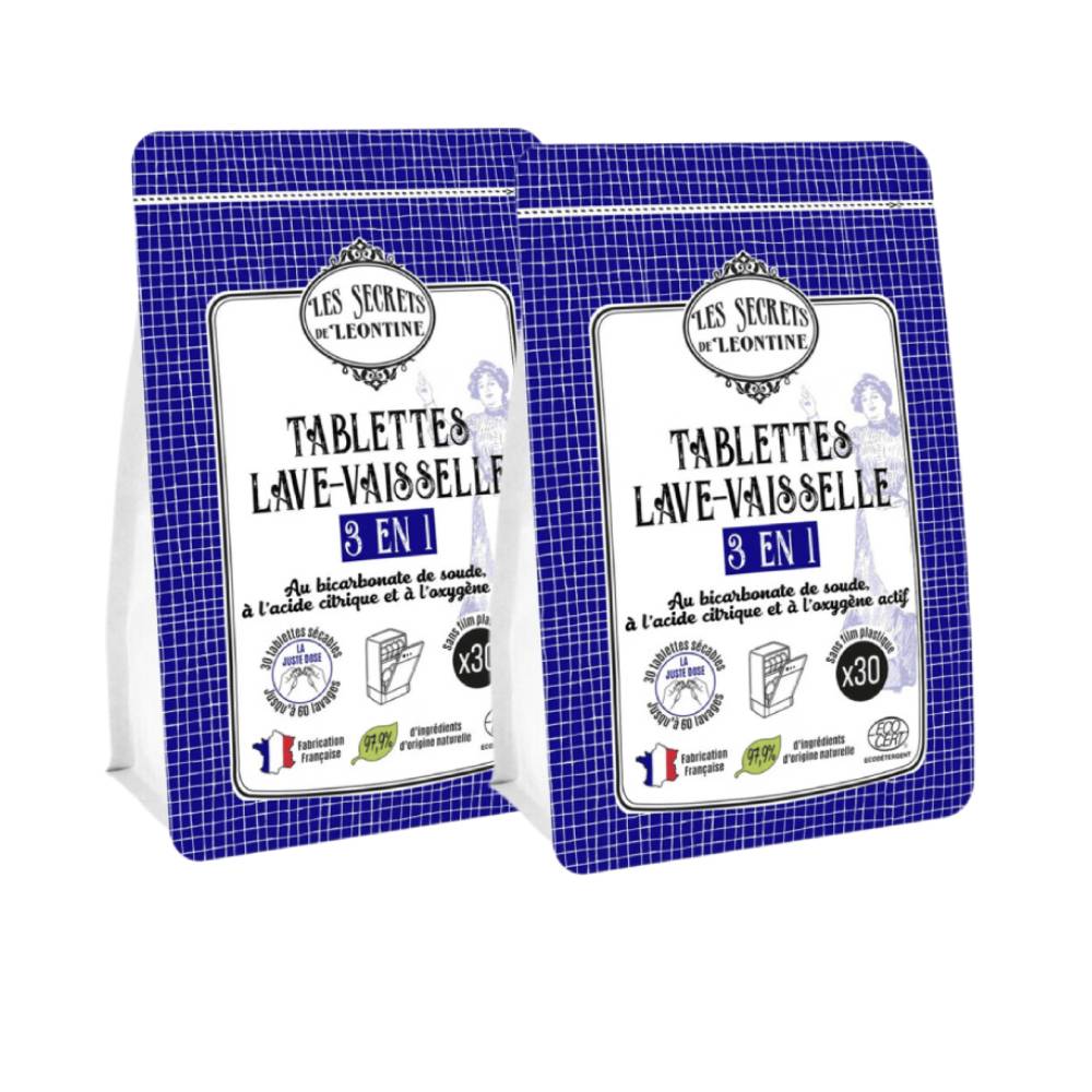 LES SECRETS DE LEONTINE Tablettes Lave-Vaisselle 3 en 1, Bicarbonate de Soude, Acide Citrique & Oxygène Actif, Sans Parfum, 2 x 30 Lavages (= 60 Lavages), 60 Tablettes