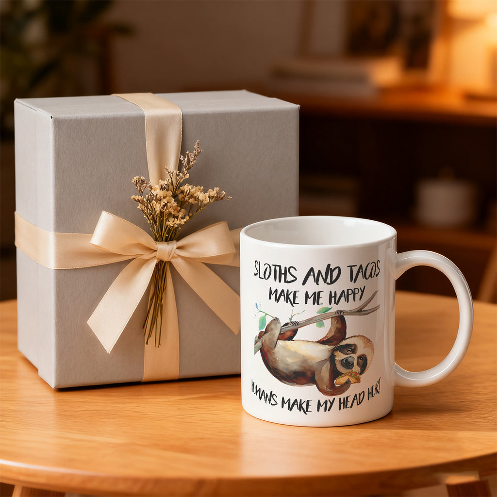 Alphynix Mug blanc 1 pièce 11 oz avec citation contrastée « Les paresseux et les tacos me rendent heureux » et illustration de paresseux suspendu avec taco