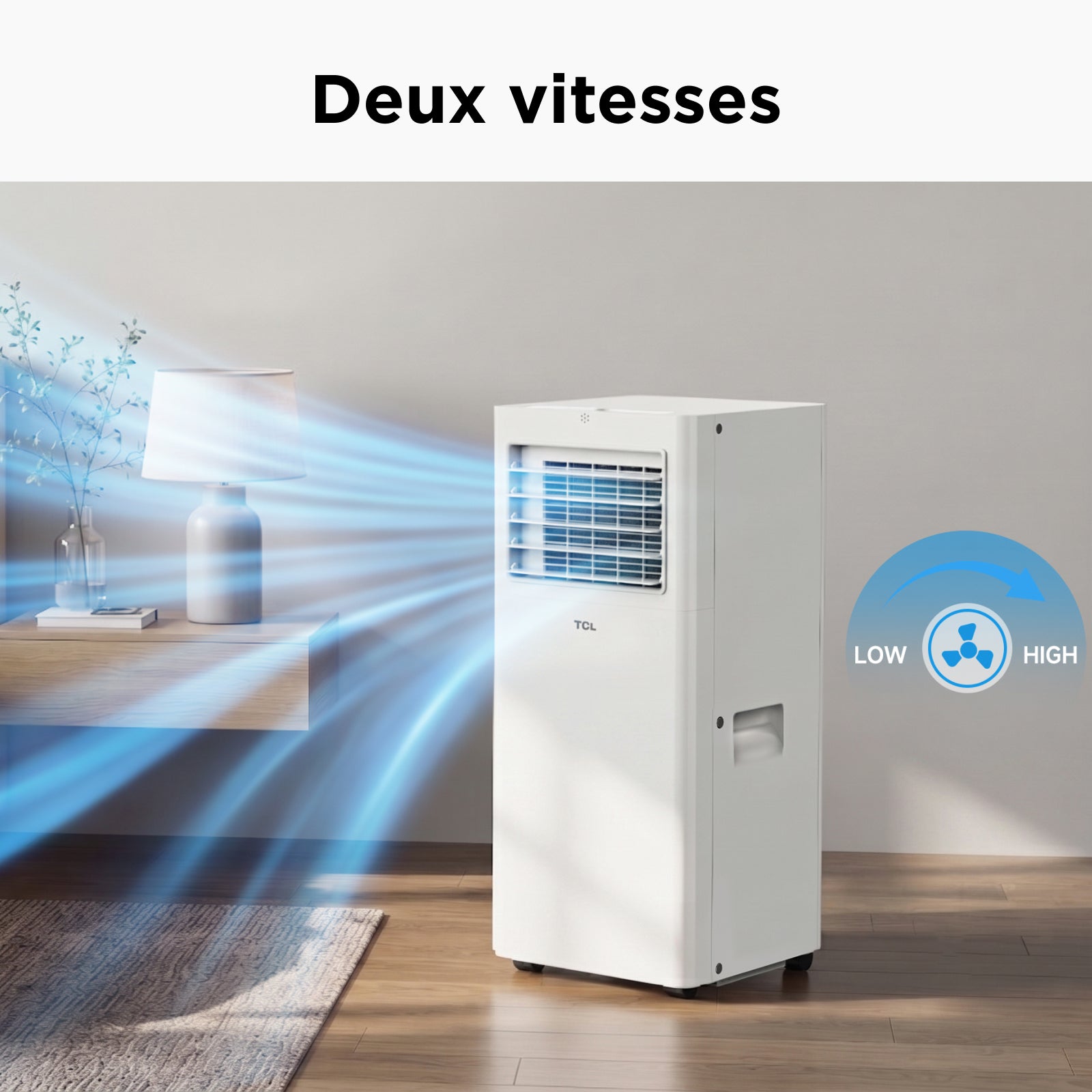 Climatiseur mobile TCL 9000 BTU, Mode 3 en 1 refroidissement / ventilateur / déshumidificateur, Refroidissement uniquement, Télécommande, Kit pour fenêtre coulissante inclus, Classe énergétique A.