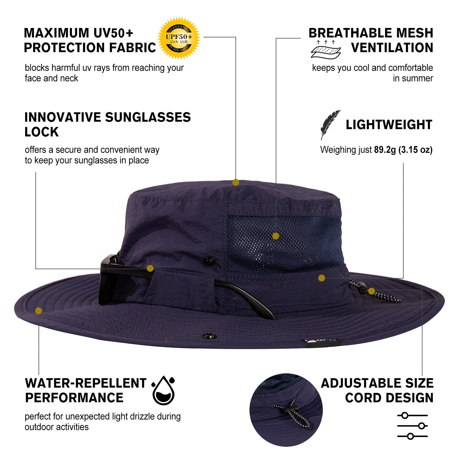 TOP-EX Chapeau bob de soleil à large bord pour pêche et randonnée d’été avec sangle amovible et maille ventilée M/L Bleu marine