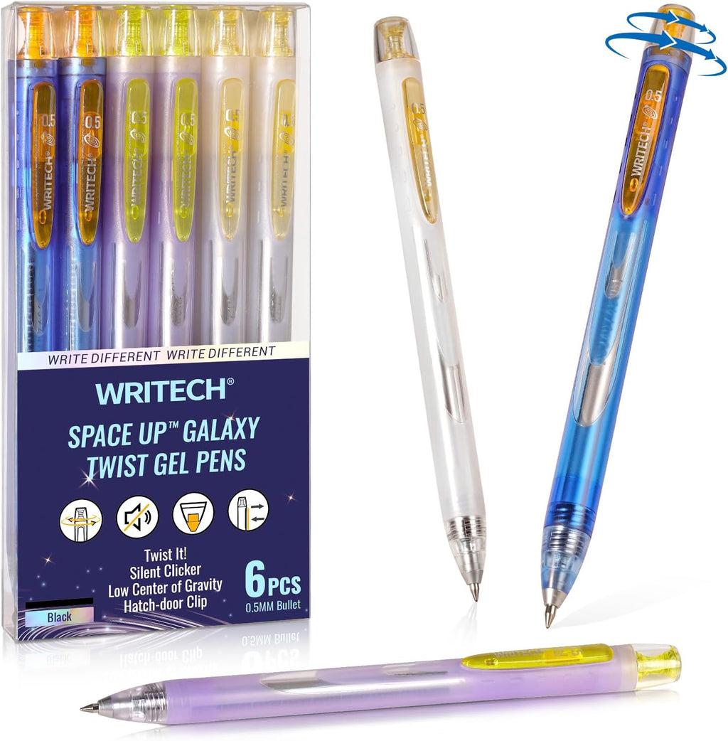 Writech Twist Space Up Galaxy Lot de 6 stylos à encre gel avec pointe fine 0,5 mm - Noir