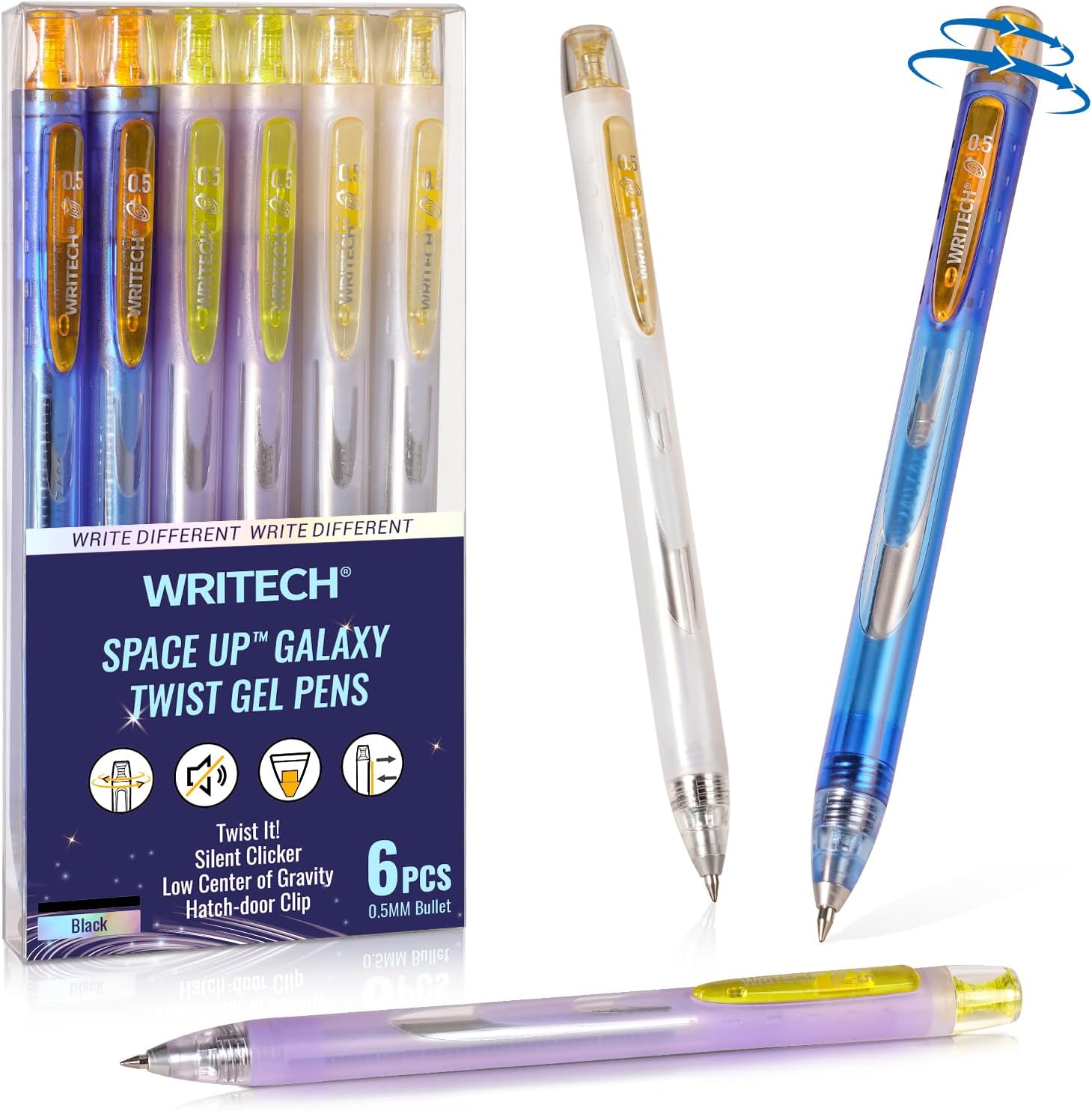 Writech Twist Space Up Galaxy Lot de 6 stylos à encre gel avec pointe fine 0,5 mm - Noir