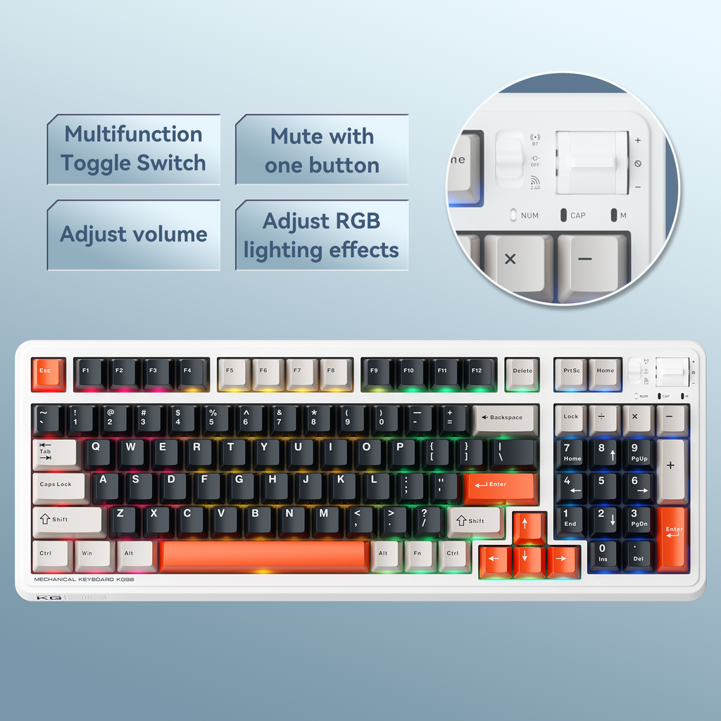 Machenike KG98 clavier mécanique 96 % tri-mode, disposition QWERTY US, clavier de jeu personnalisable à échange à chaud, interrupteurs linéaires pré-lubrifiés, éclairage RGB latéral