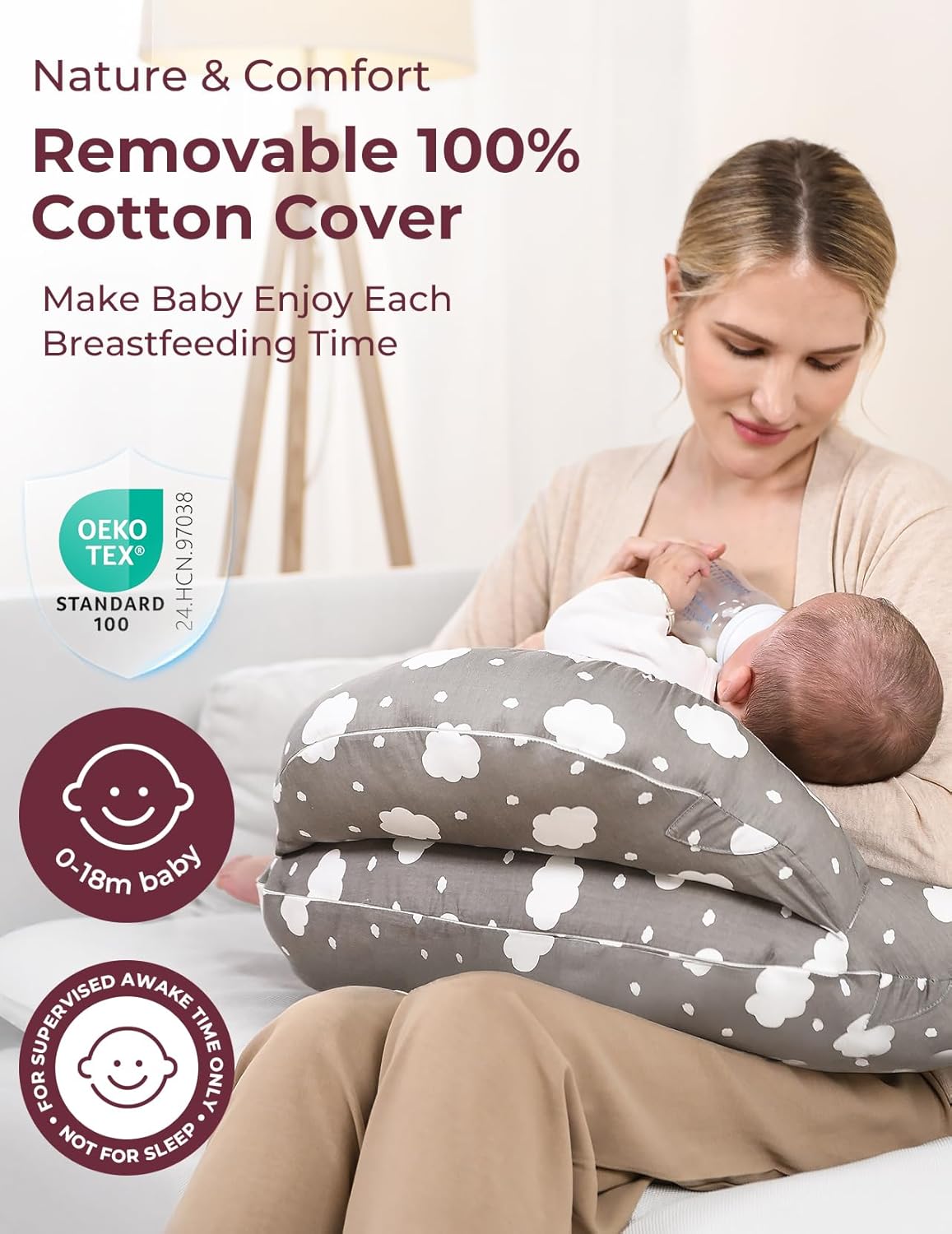 Momcozy Coussin d'allaitement en forme de U en coton tissé (100 % coton) NP001 (Nuage/Forêt animale/Nuage gris/Pluie de météores)