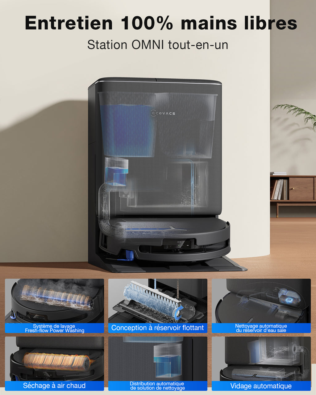 ECOVACS T90 PRO Robot aspirateur et laveur (Noir) avec station OMNI tout-en-un, puissance d'aspiration jusqu'à 30 000 Pa, lavage automatique OZMO ROLLER 3.0
