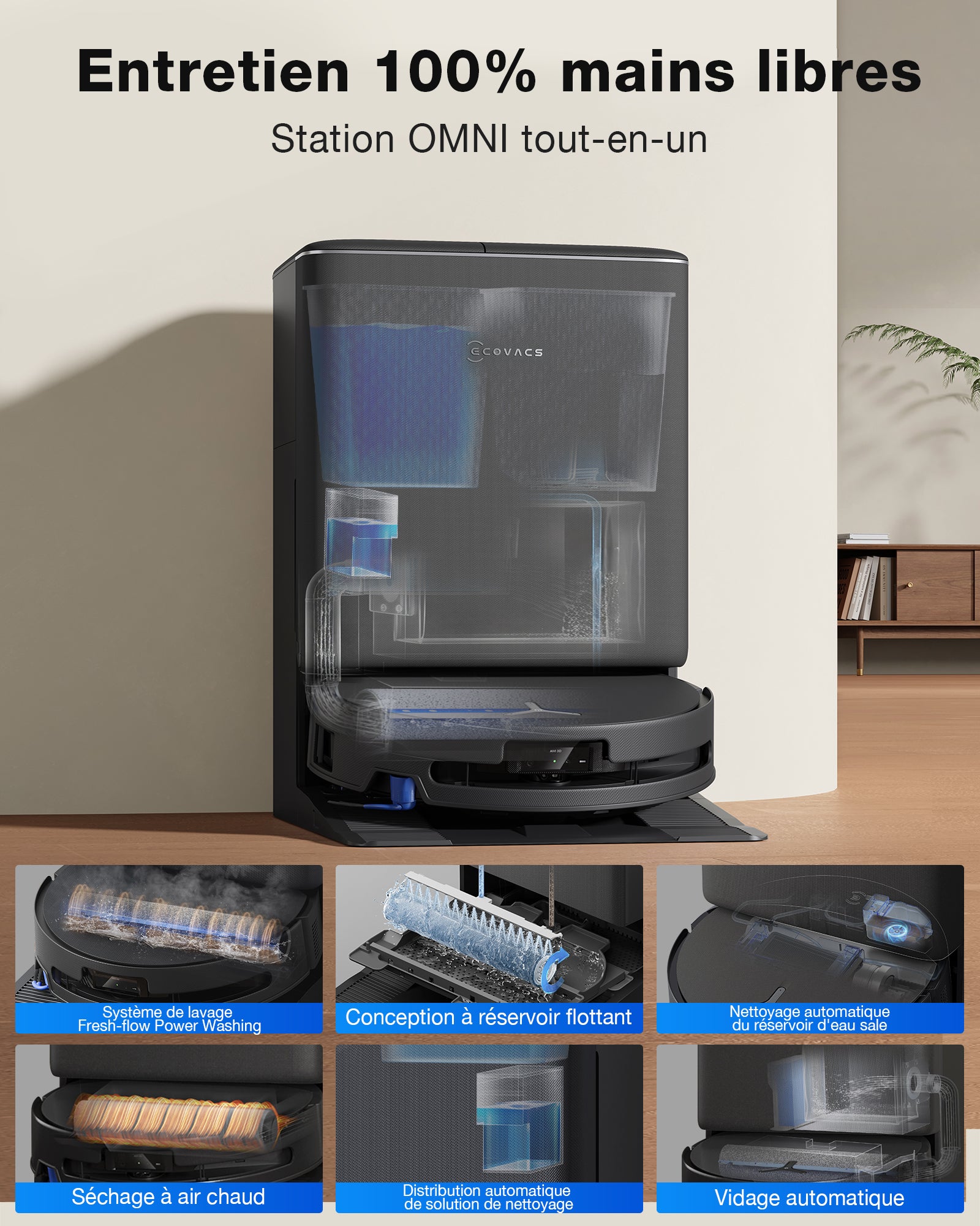 ECOVACS T90 PRO Robot aspirateur et laveur (Noir) avec station OMNI tout-en-un, puissance d'aspiration jusqu'à 30 000 Pa, lavage automatique OZMO ROLLER 3.0