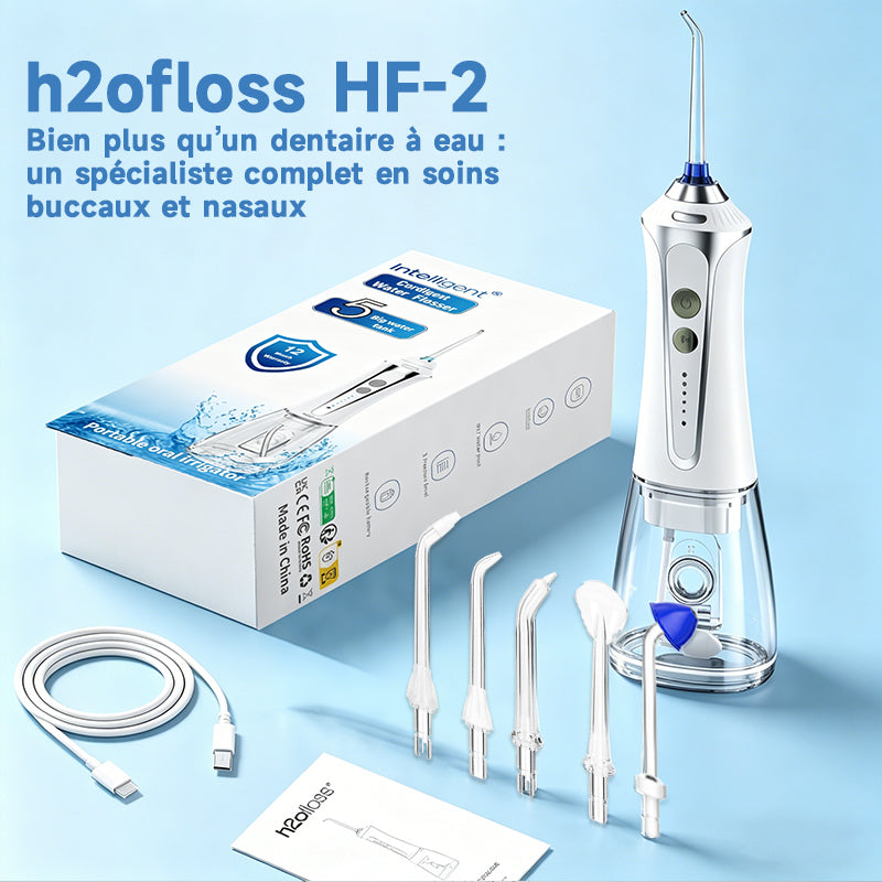 H2ofloss HF-2 Brosse à dents électrique, avec 5 modes, 5 embouts, rechargeable par USB, étanchéité IPX7 et un réservoir d'eau de 300 ml, disponible en blanc