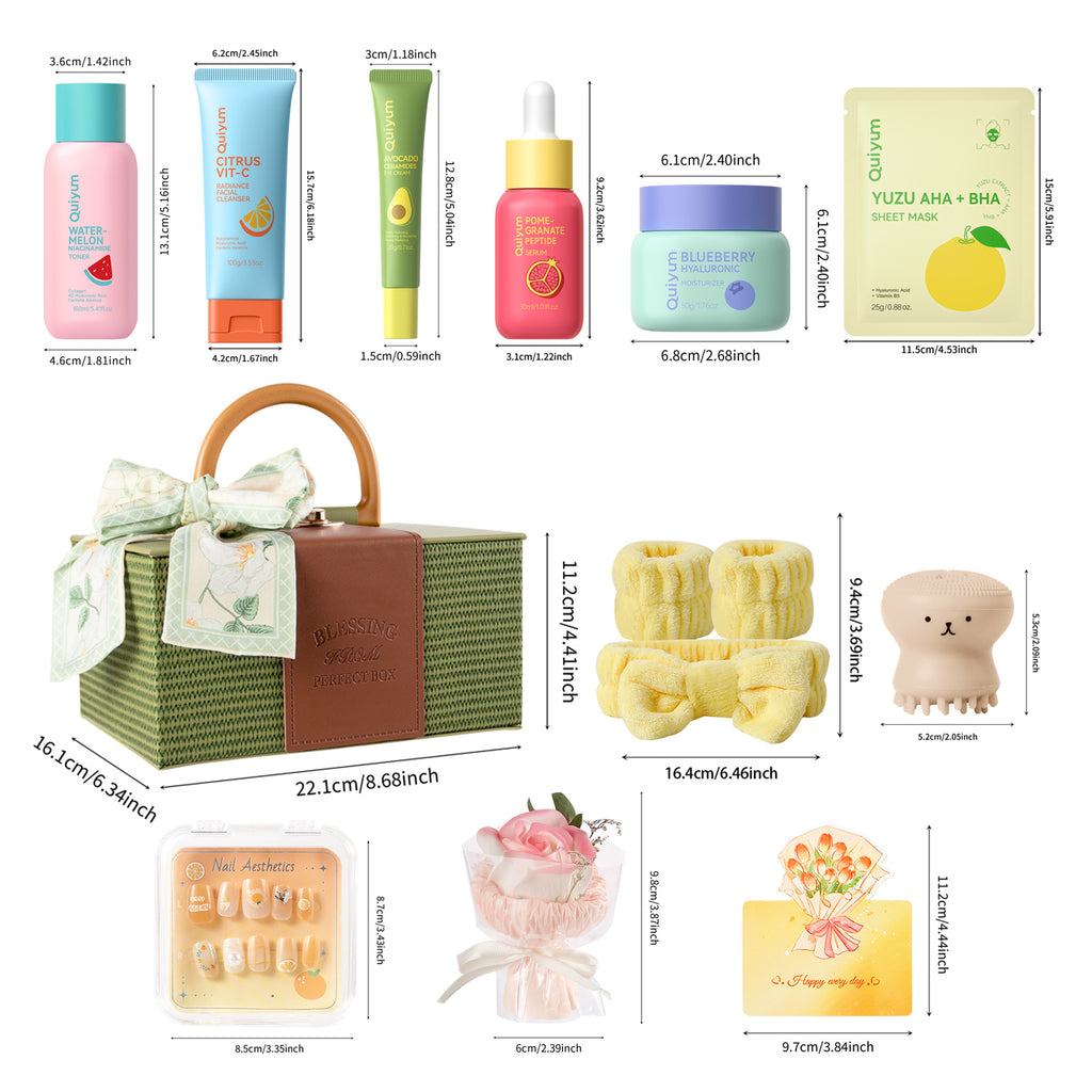 Quiyum Coffret de soins aux fruits (13 pièces) : nettoyant 100 g, lotion tonique 160 ml, crème contour des yeux 20 g, sérum 30 ml, crème 50 g, masques aux fruits 25 g × 3