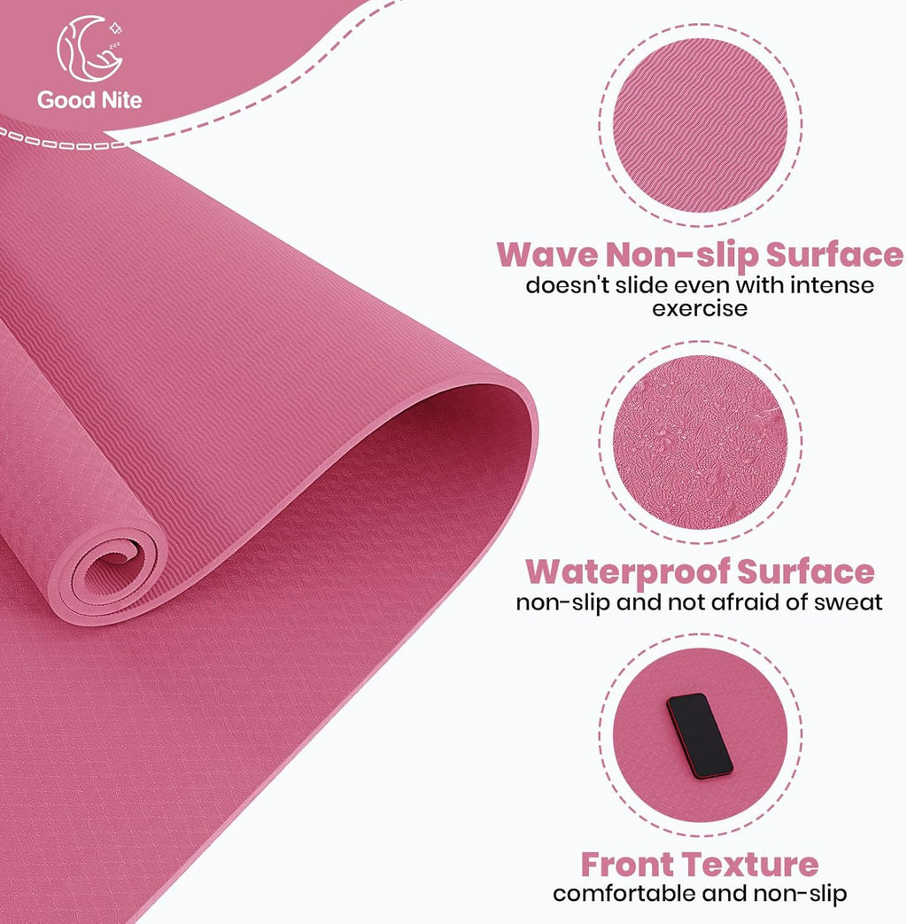 Good Nite Tapis de yoga en TPE épais 10 mm 183x61 cm Tapis d'exercice antidérapant avec sangle de transport, Coussinage supplémentaire pour pilates salle de sport entraînement à domicile, Prune