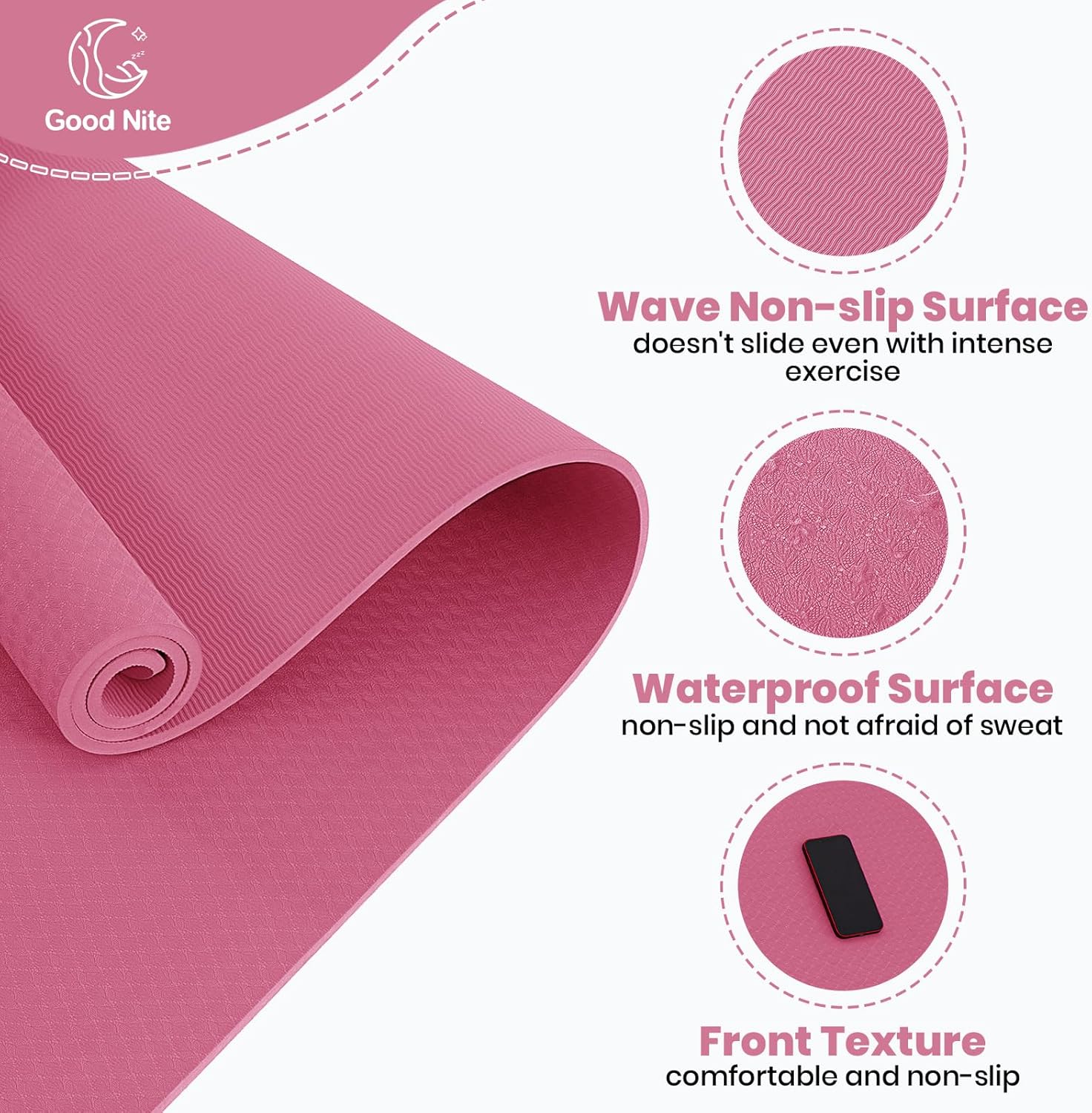 Good Nite Tapis de yoga en TPE épais 10 mm 183x61 cm Tapis d'exercice antidérapant avec sangle de transport, Coussinage supplémentaire pour pilates salle de sport entraînement à domicile, Prune