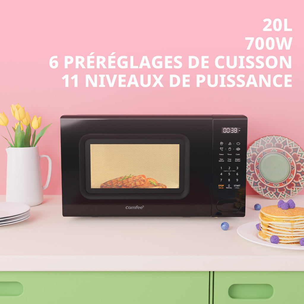 Comfee' CM-E202CC(BK) Micro-ondes numérique 700 W 20 L 6 menus prédéfinis Express Cook 11 niveaux de puissance Fonction de décongélation Fonction mémoire - Noir