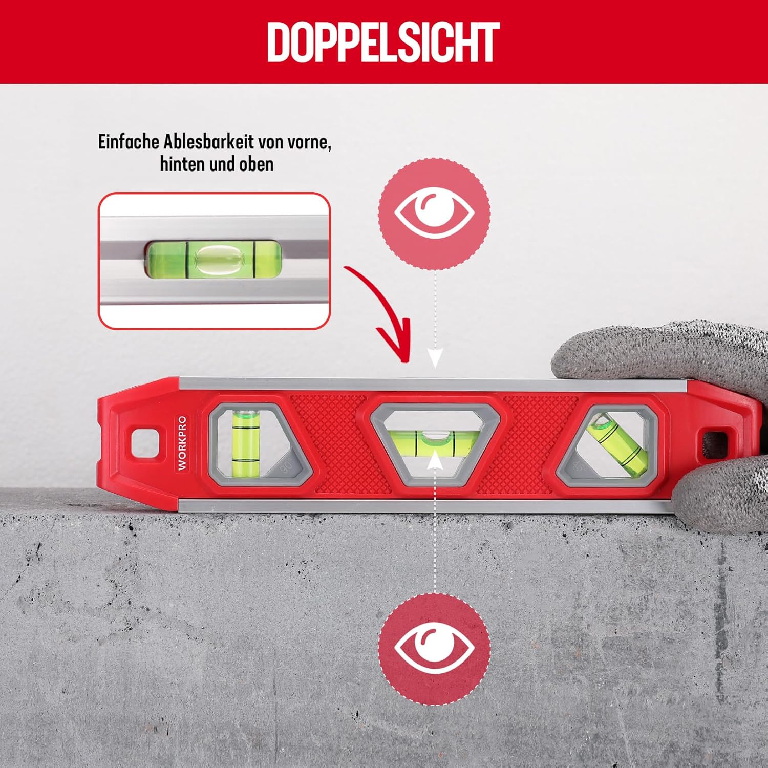 WORKPRO Niveau à bulle magnétique mini torpédo avec 3 niveaux 45°/90°/180° - 23 cm