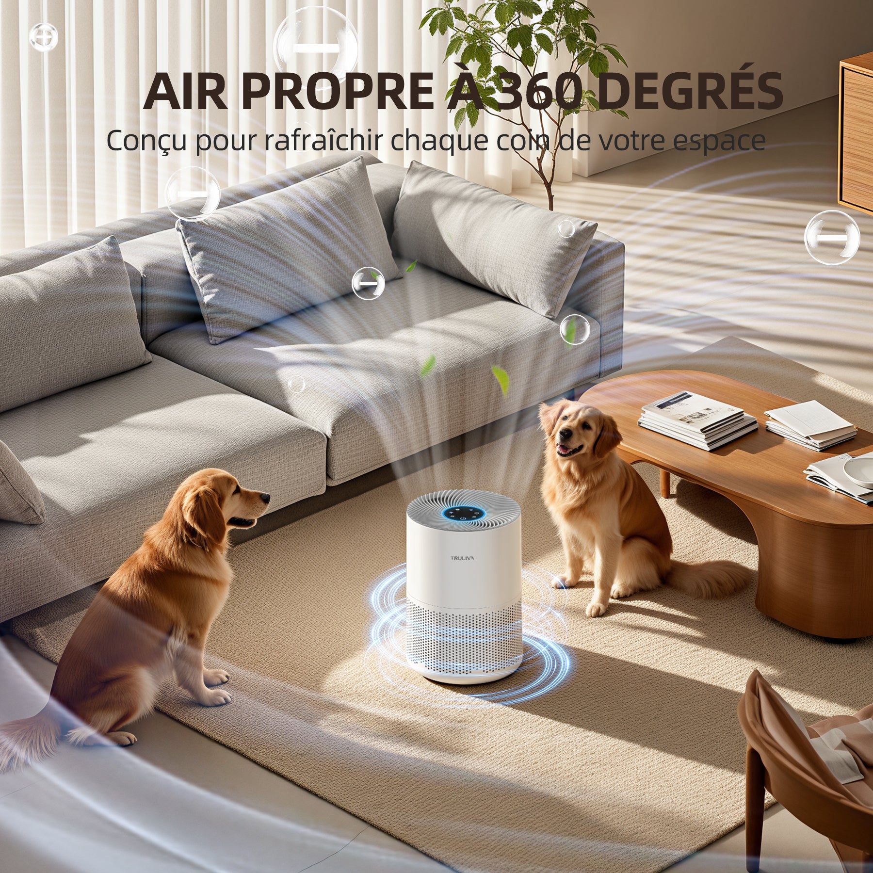 TRULIVA KJ260 Purificateur d'air CADR 260 m³/h filtre HEPA 3 étapes minuterie 24 h mode sommeil capteur de qualité de l'air pour PM2,5 fumée pollen acariens et polluants