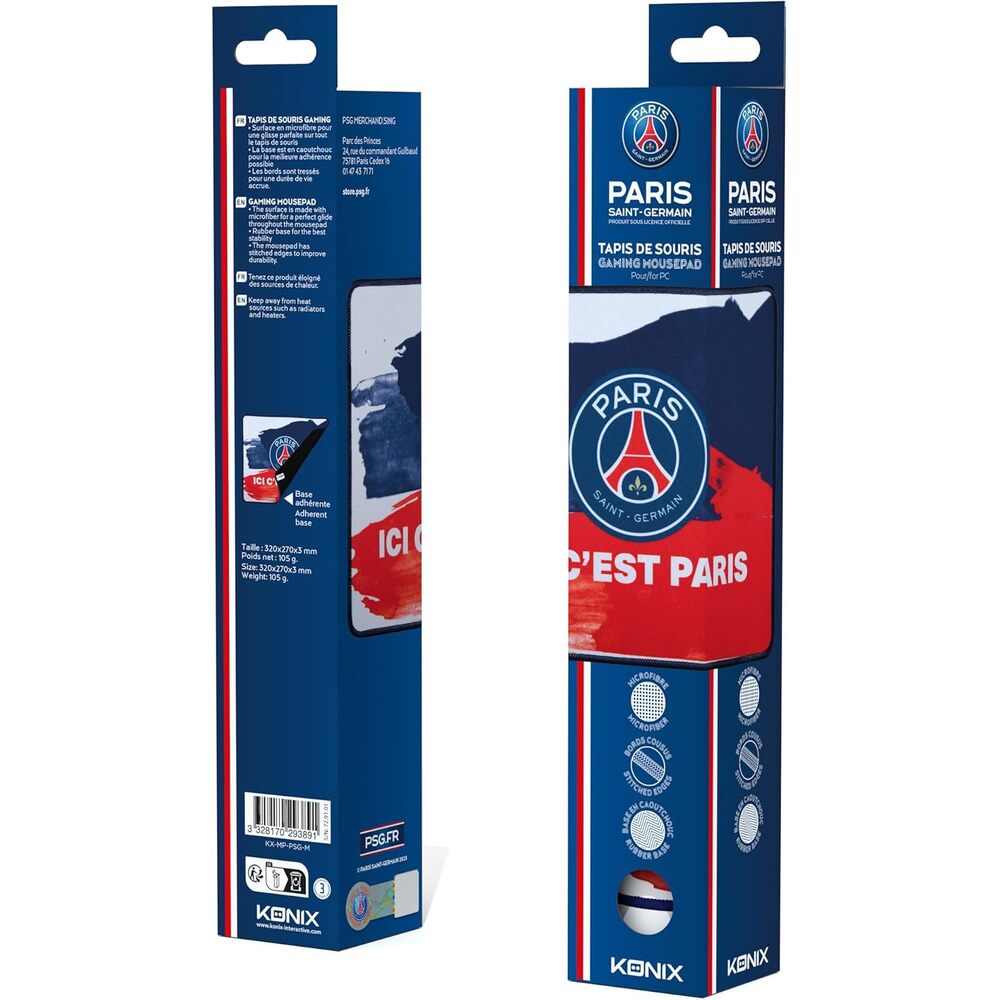 Konix PSG Tapis de souris gaming 32 x 27 cm - Surface en silicone 3D ultra fine - Base antidérapante - Motif "Ici c'est Paris"