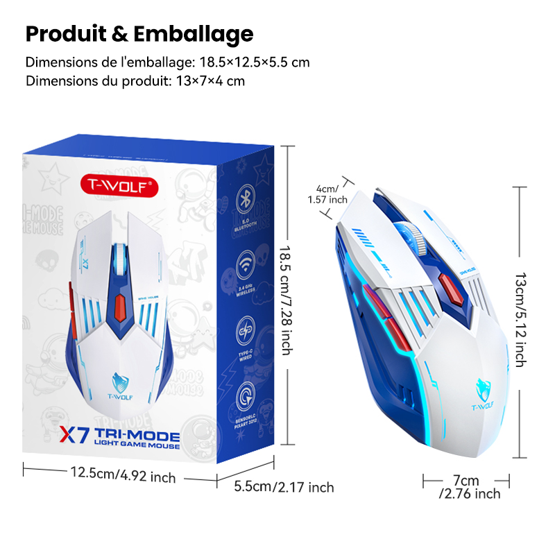 Rexsun Souris de jeu tri-mode Boutons 6D 2,4 GHz + Bluetooth + Filaire DPI réglable 800–3600 Recharge Type-C Éclairage RVB à effet respiration Batterie 300 mAh Blanc et bleu X7
