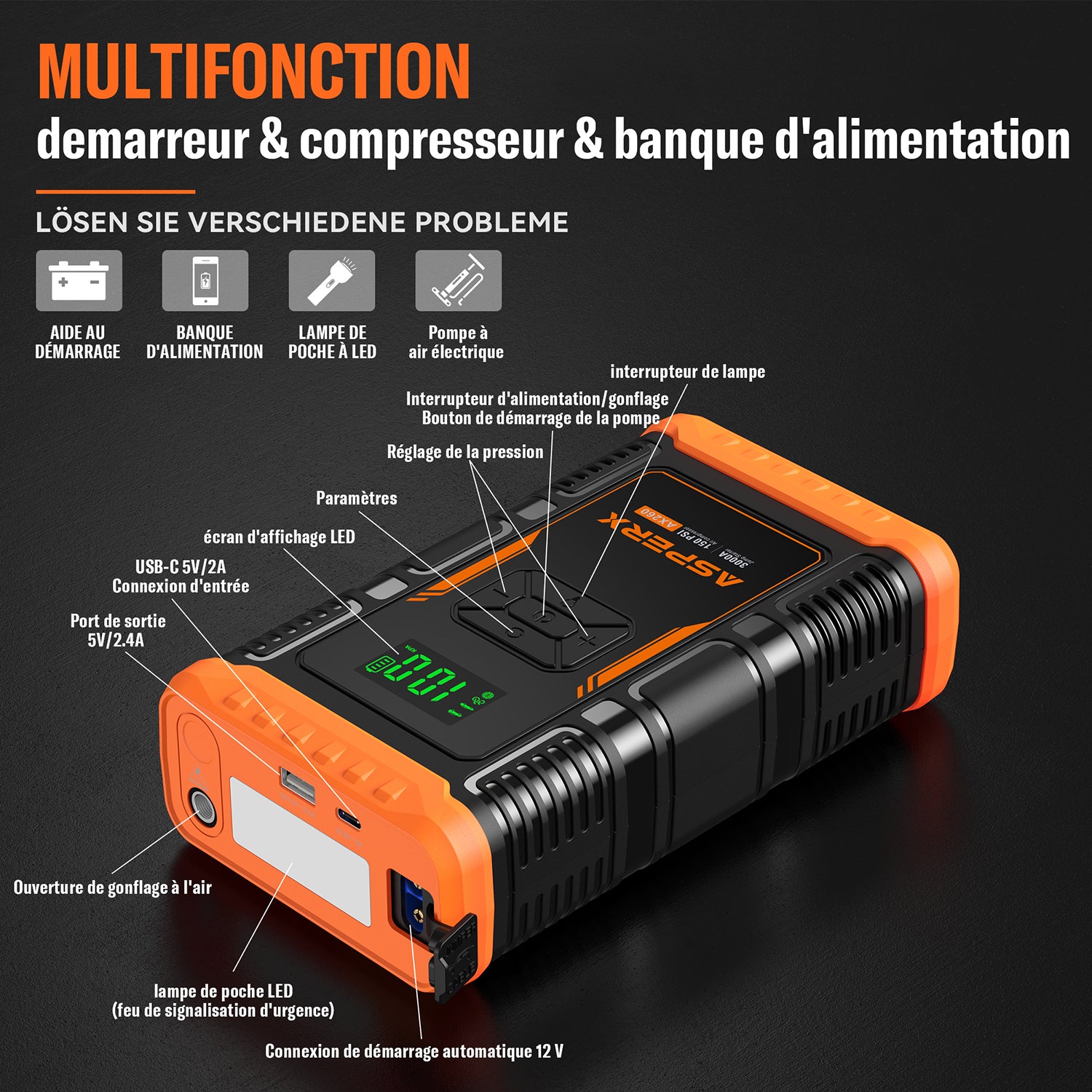 ASPERX Booster de Batterie avec Compresseur d’Air, Démarreur de Voiture 3000A 150PSI avec Lampe Torche LED et Câbles de Démarrage, pour Véhicules 12V, Motos et SUV (jusqu’à 10L Essence ou 8L Diesel)