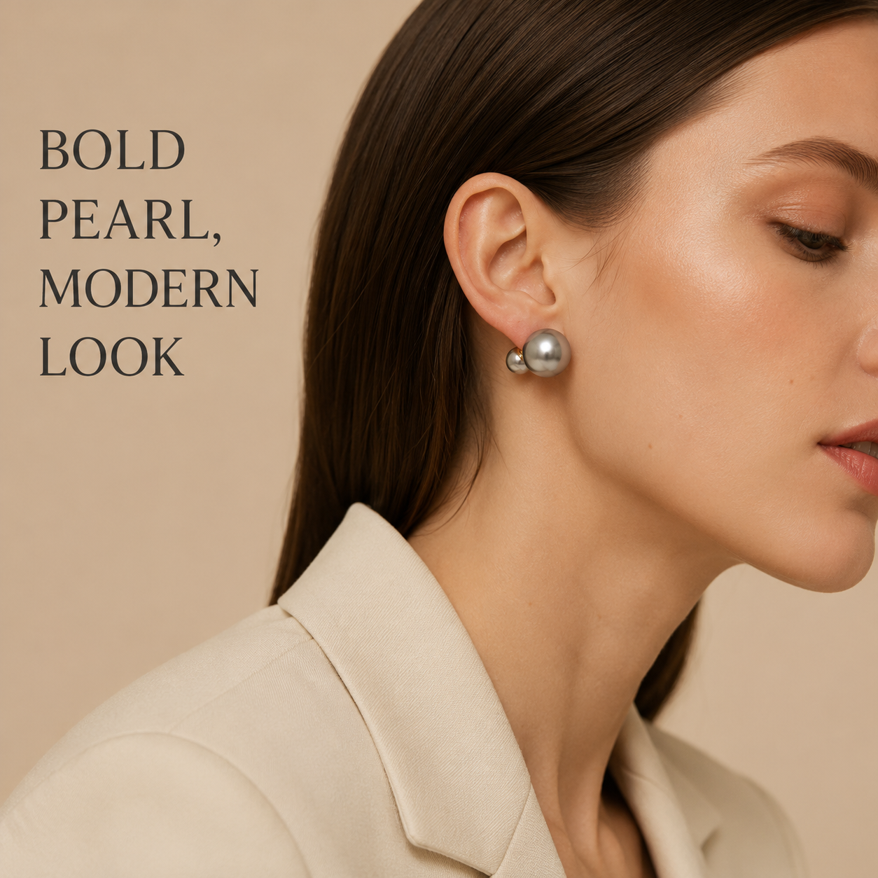 VoxorAI Boucles d'oreilles classiques à double perle Gris foncé avec deux perles des deux côtés Luxe léger Haute couture Nouveautés de niche 6 mm et 14 mm