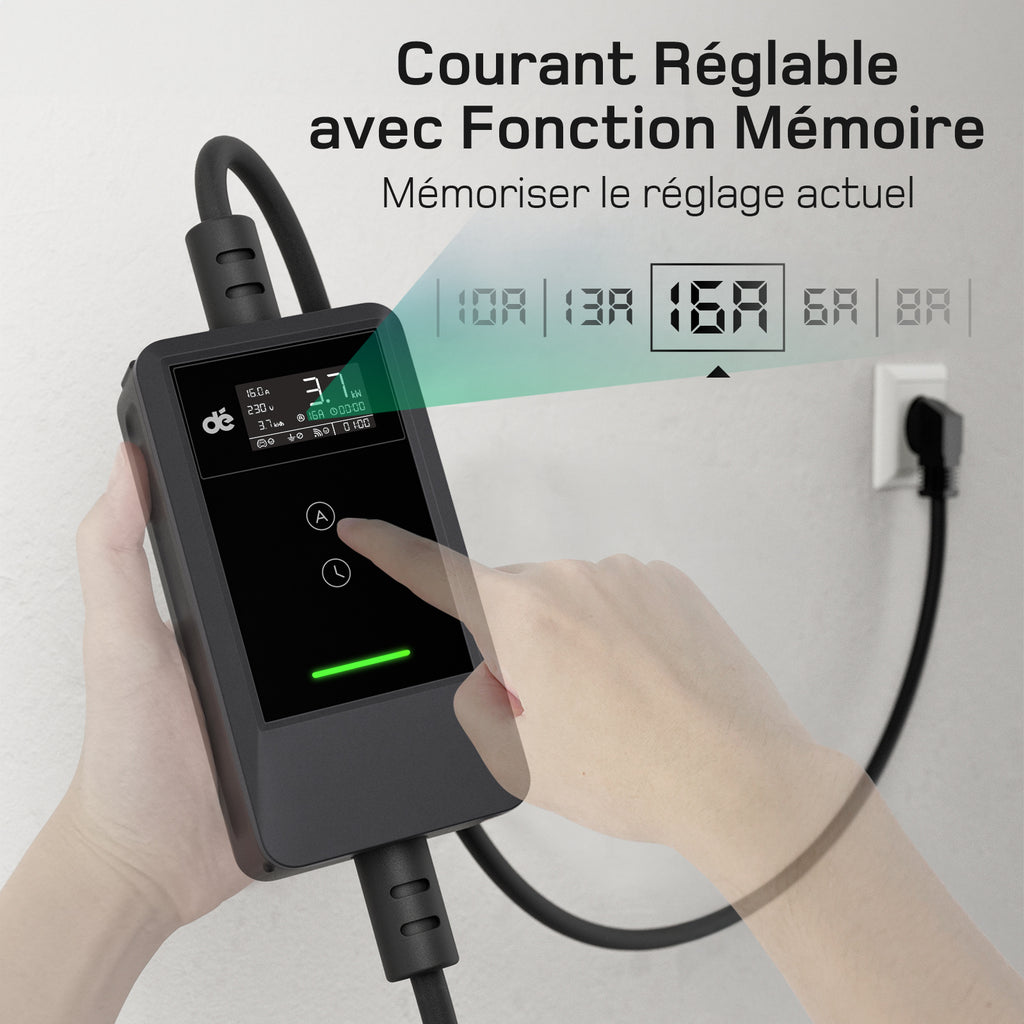 dé Chargeur EV 3,7 kW avec application 7 m 6–16 A réglable Type 2 Schuko Chargeur de voiture électrique Plug & Play avec écran LCD, IP66, et DDR Type A 30 mA AC + 6 mA DC, Câble de charge de voiture électrique pour EV/PHEV, Noir
