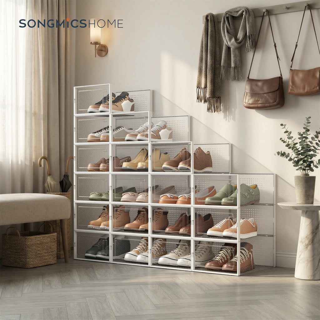 JOYFURNOS 18 Boîtes de Rangement pour Chaussures Empilables Blanc Nuage – Pliable, Convient aux Baskets jusqu'à la Taille UK 11 – Organisateurs Gain de Place pour Armoire ou Entrée