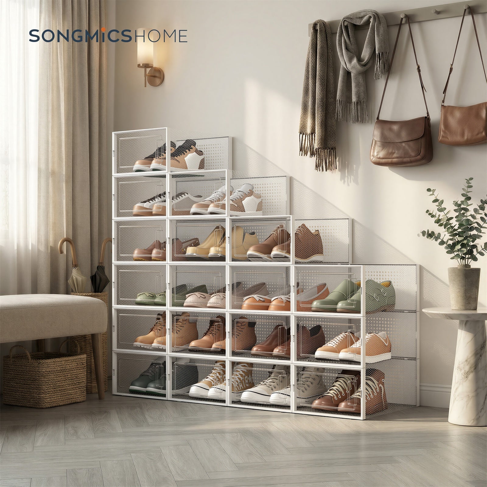 JOYFURNOS 18 Boîtes de Rangement pour Chaussures Empilables Blanc Nuage – Pliable, Convient aux Baskets jusqu'à la Taille UK 11 – Organisateurs Gain de Place pour Armoire ou Entrée