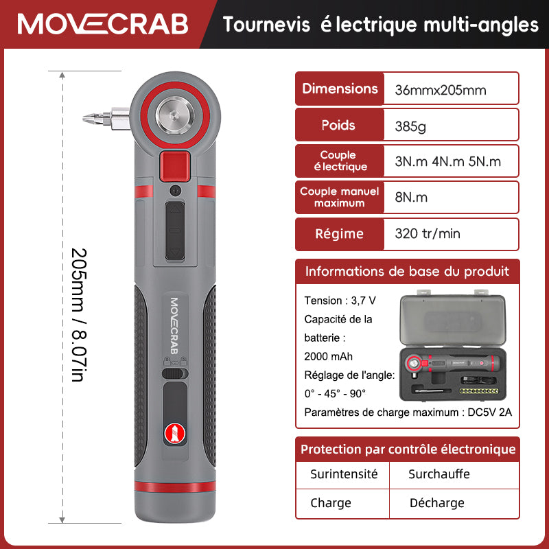 MOVECRAB Kit mini tournevis électrique sans fil rechargeable 12 pièces 2000 mAh avec angle réglable 3-en-1, LED et couple réglable 3 vitesses