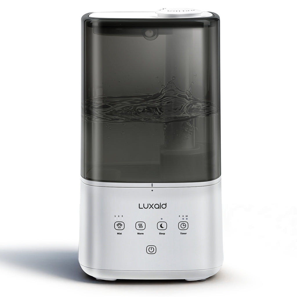 Luxaid Humidificateur 6L Brume Froide/Chaude, Remplissage par le haut, commande tactile, minuterie 4/8/12h, mode silencieux 20dB, buse 360°, fonction aromathérapie pour grande pièce