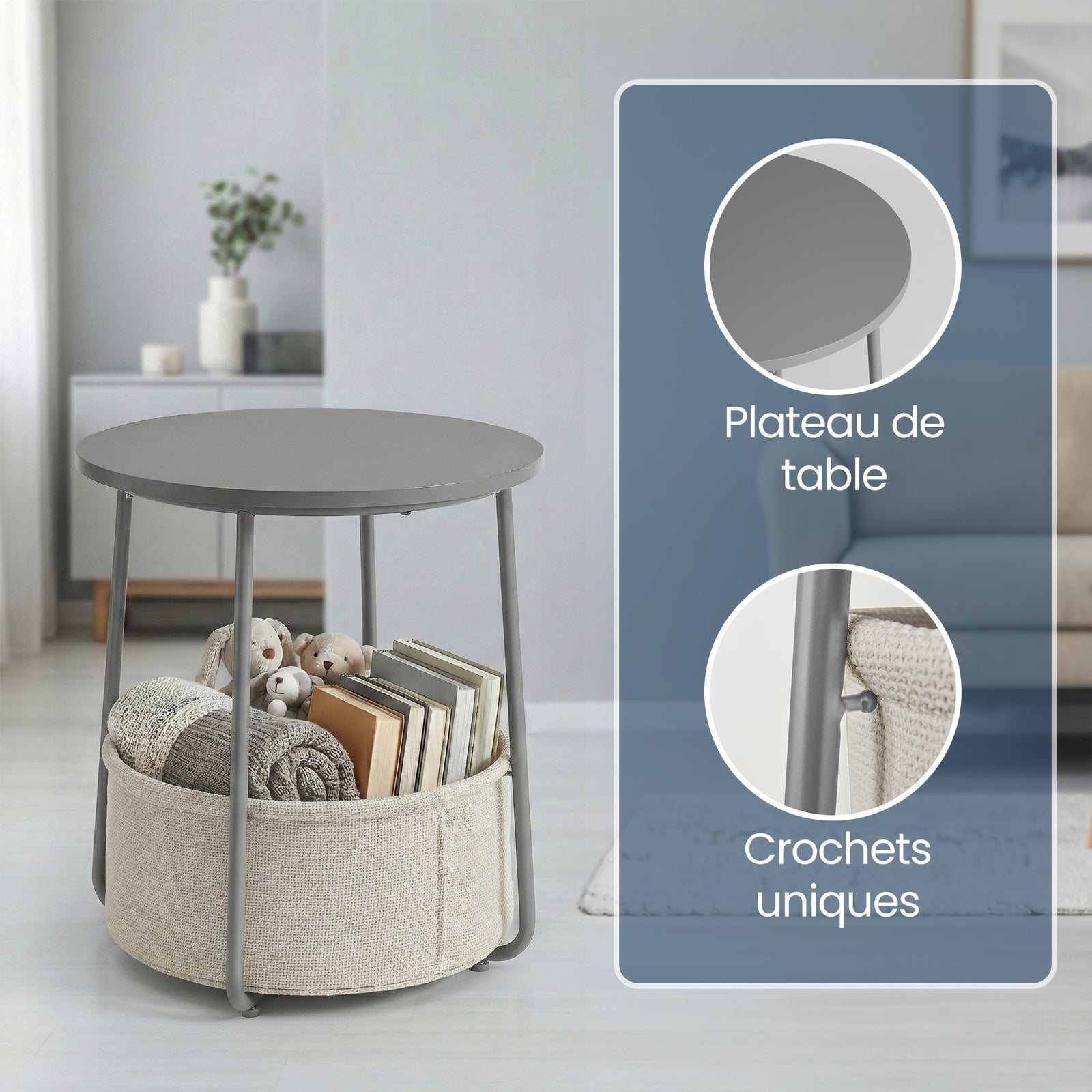 JOYFURNOS Table d'appoint, Bout de canapé rond avec panier en tissu, Pour salon et chambre, Table de chevet, Style moderne, Gris