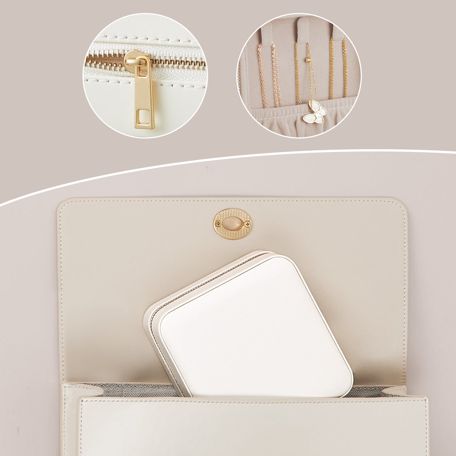 JOYFURNOS Coffret à Bijoux Compact, Rangement Portable avec Miroir, Fermeture Éclair, PU, Blanc