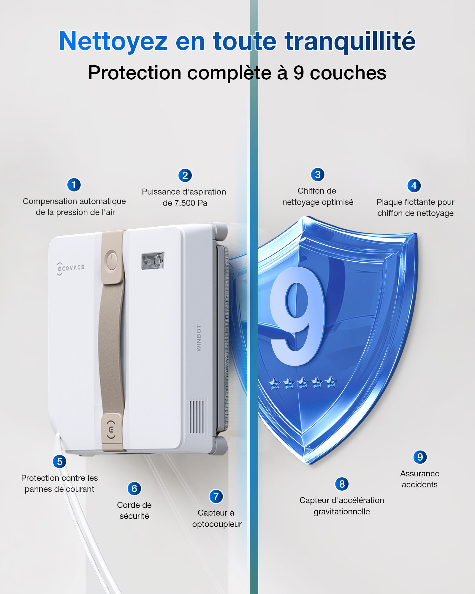 Robot lave-vitres ECOVACS WINBOT MINI - Beige, design compact, double buses avec pulvérisation ultrasonique, système de protection à 9 niveaux