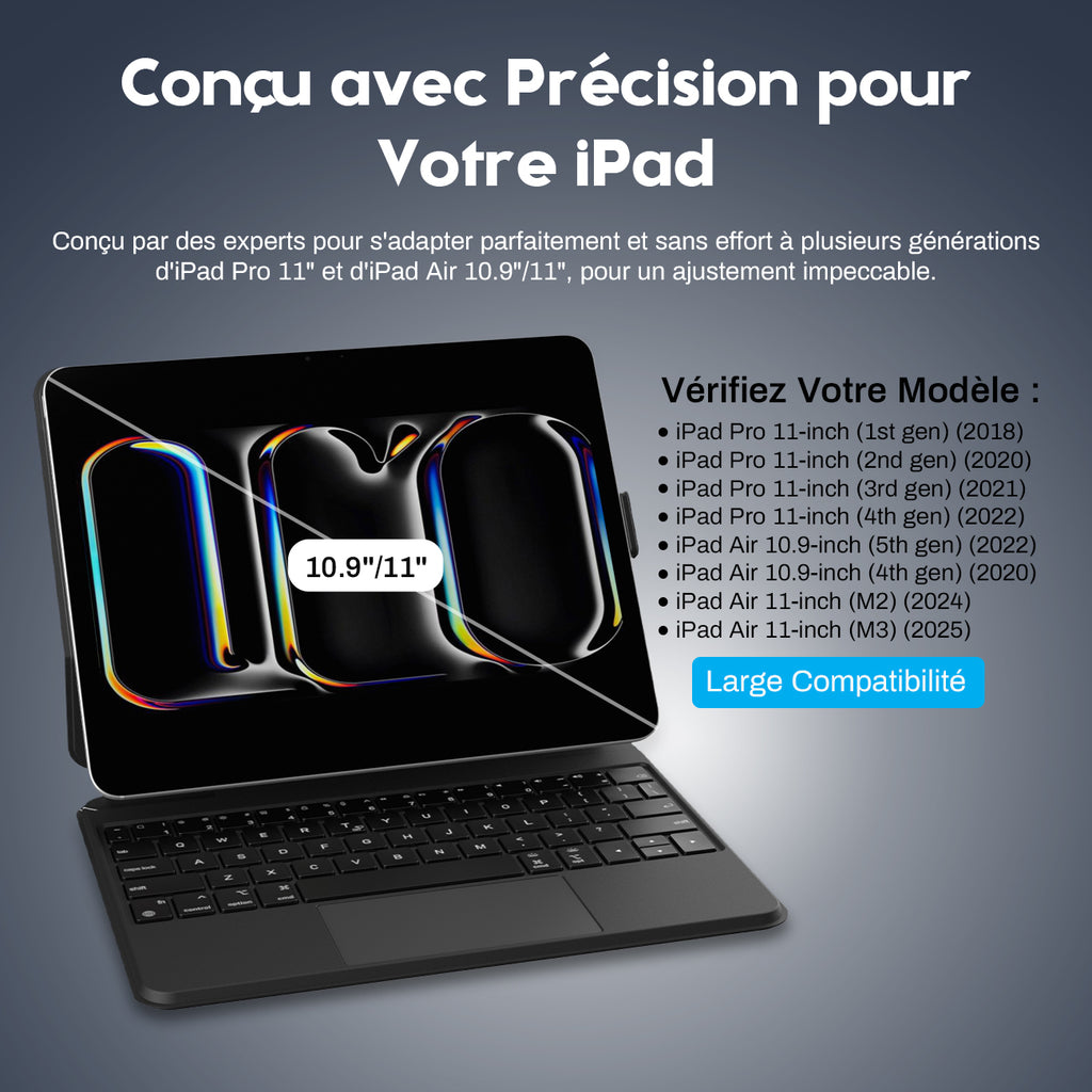 Rexsun Étui Clavier Pour Tablette Design Flottant Magnétique, Housse De Protection Détachable, Pavé Tactile De Précision Pour iPad Pro 11"/Air 10,9"/11", Modèle P11-1 Noir